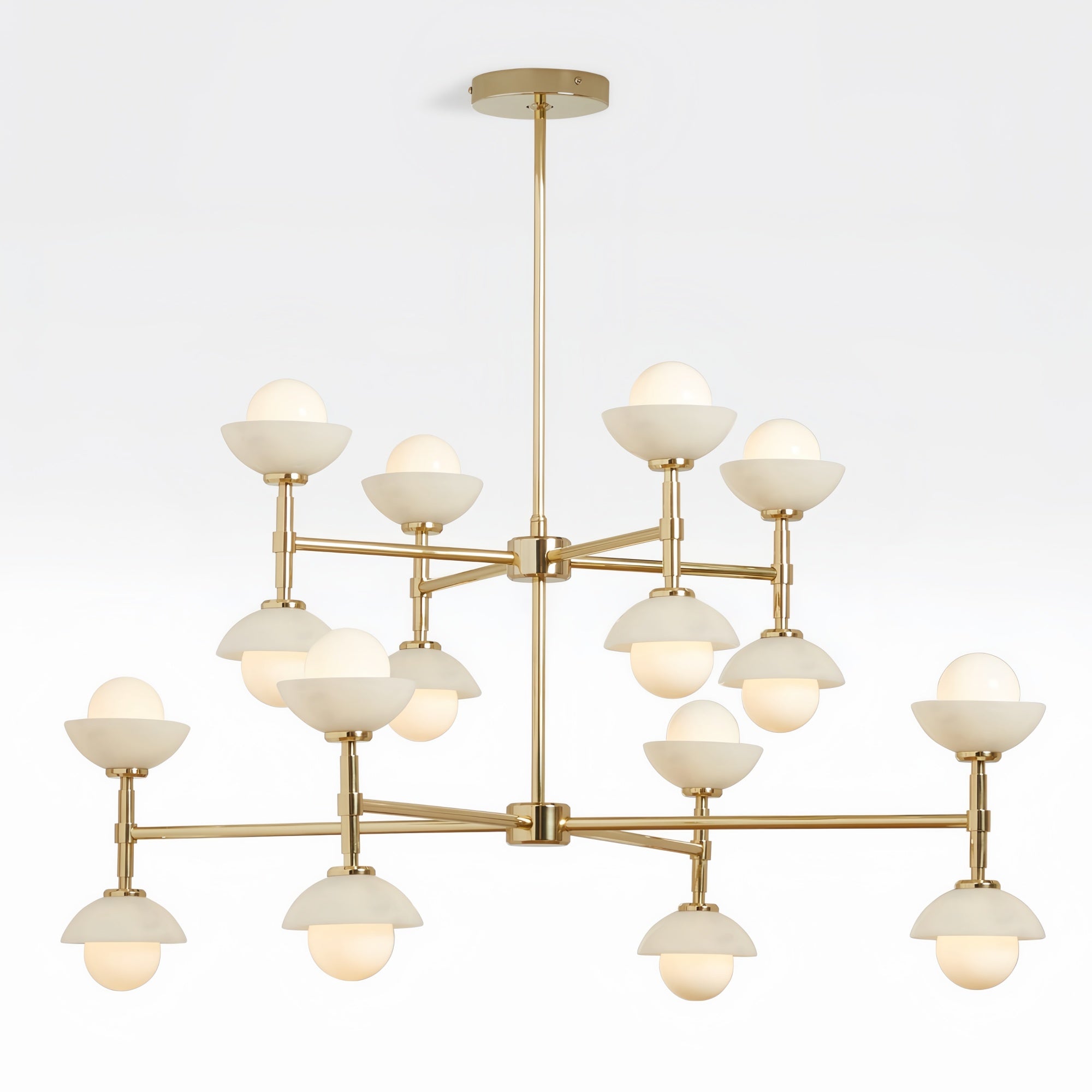 Greenwich Double Tier Chandelier-Chandelier-Brass-Alabaster Stone Bowl Shade-