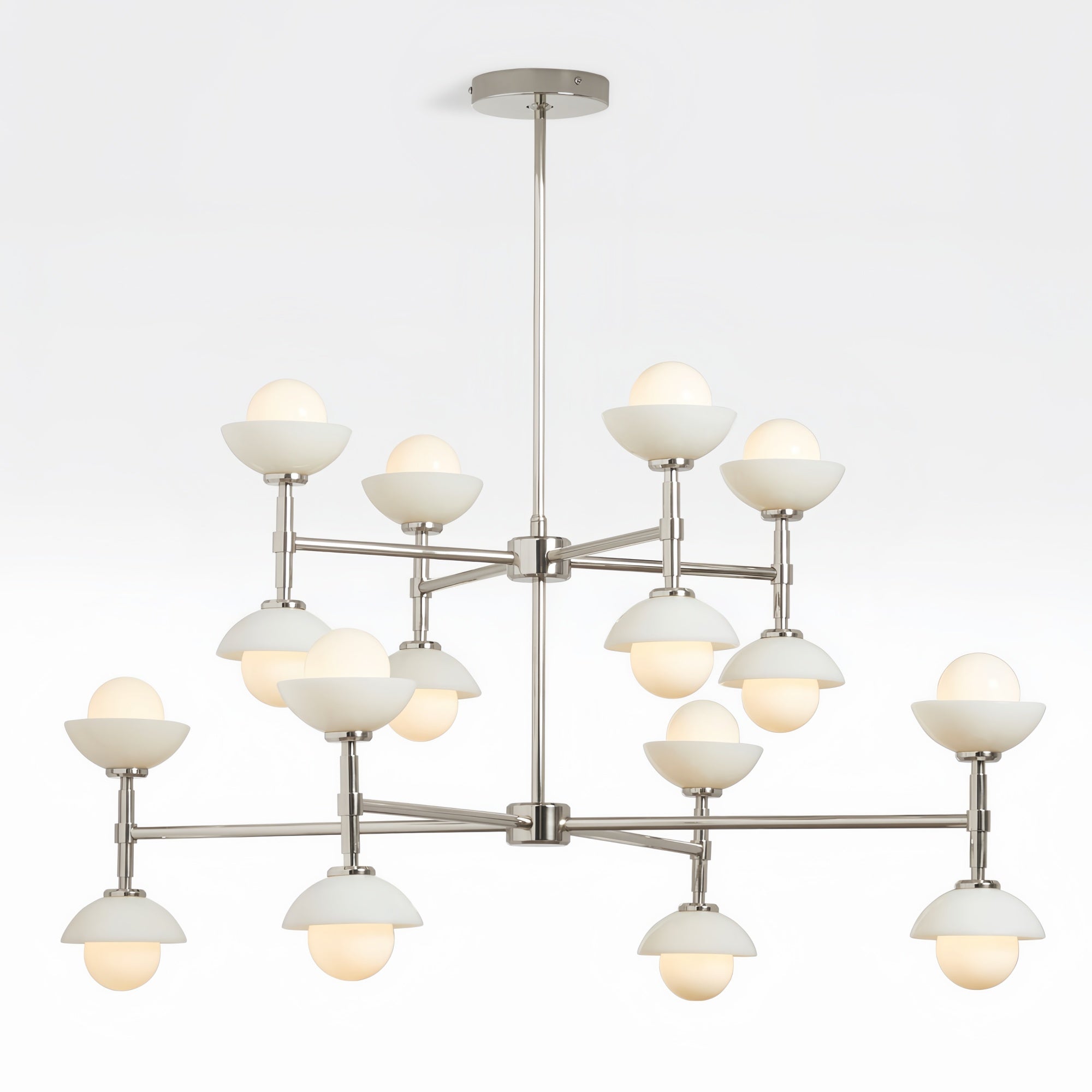 Greenwich Double Tier Chandelier-Chandelier-Nickel-Opal Glass Bowl Shade-