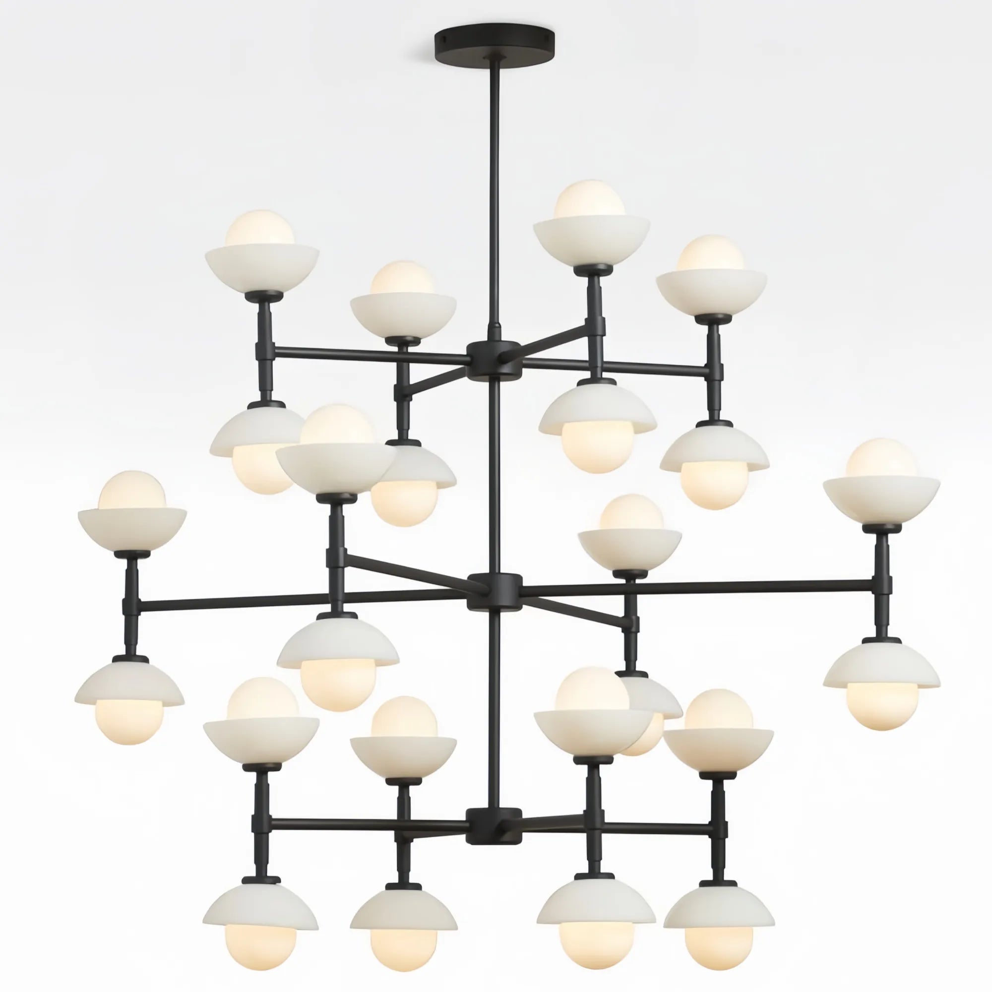 Greenwich Triple Tier Chandelier-Chandelier-Balck-Opal Glass Bowl Shade-