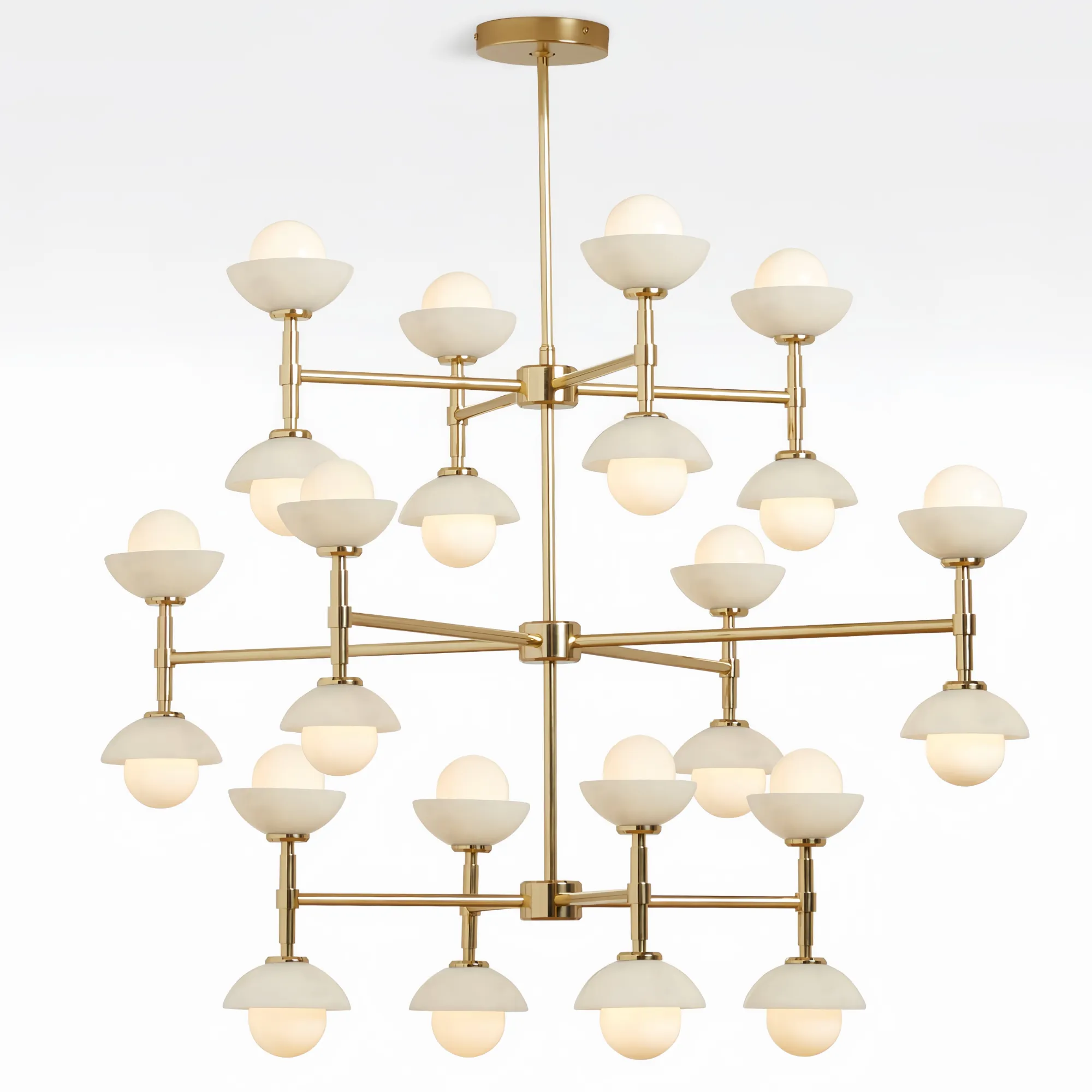 Greenwich Triple Tier Chandelier-Chandelier-Brass-Alabaster Stone Bowl Shade-