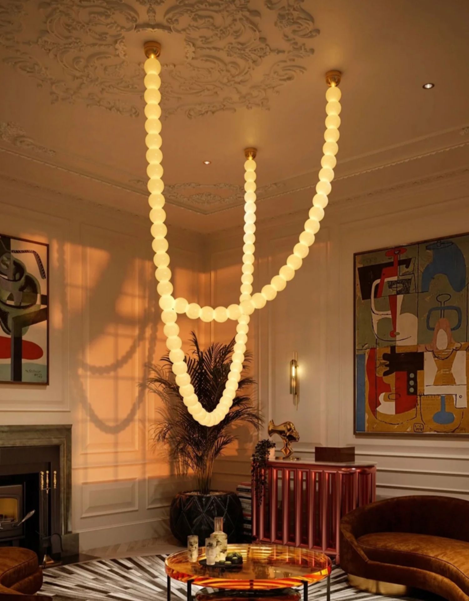 Halti Necklace Acrylic Chandelier - 114 Lights: Dia 31.5" x H 98.4"Gold & WhiteWarm LightBlushlighting