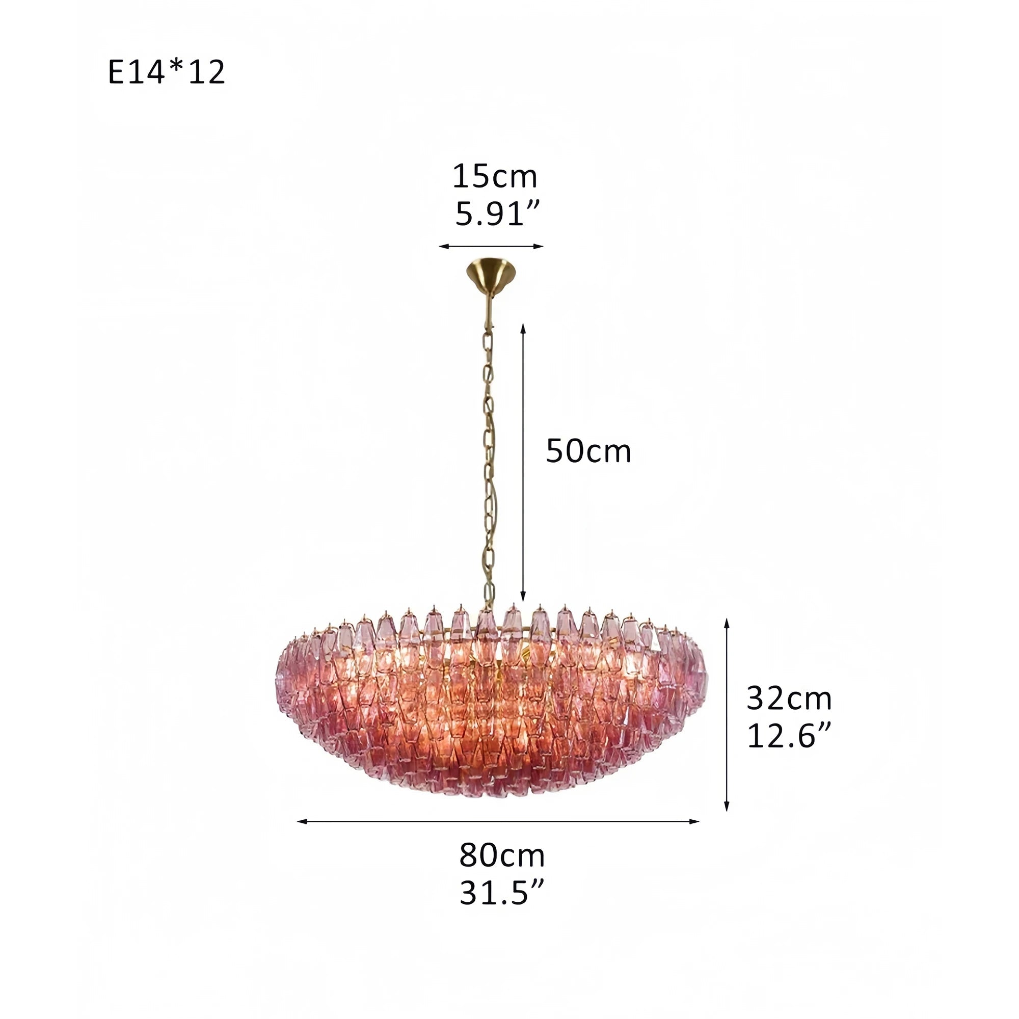 Hand Blown Tier Glass Large Murano Chandelier 24"31"40" - D60*H30CM/D23.62"*H11.81"Warm Light (3000K)PurpleBlushlighting
