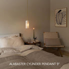 Hand Carved Alabaster Cylinder Pendent - Lacquered Burnished Brass9''Blushlighting