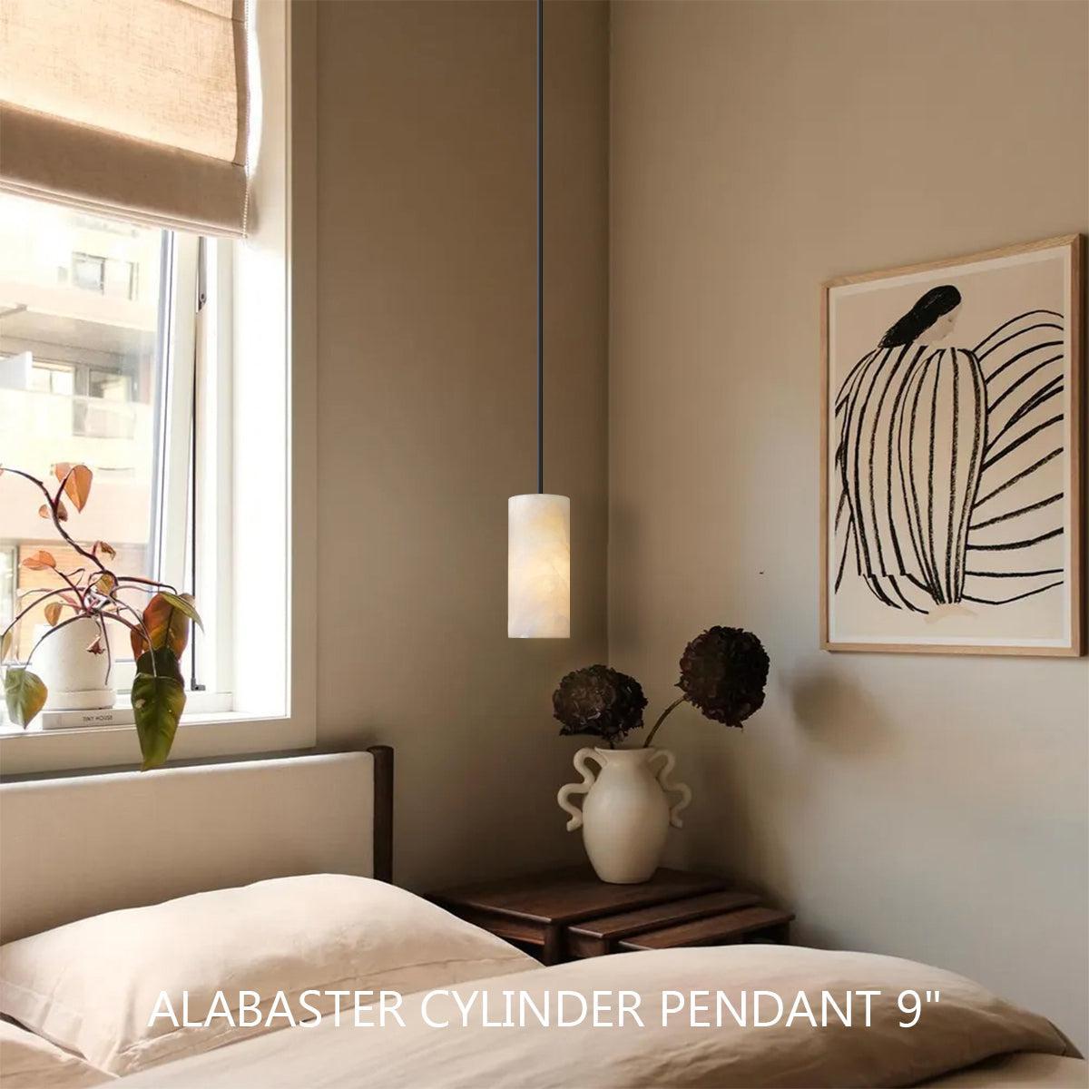 Hand Carved Alabaster Cylinder Pendent - Bronze9''Blushlighting