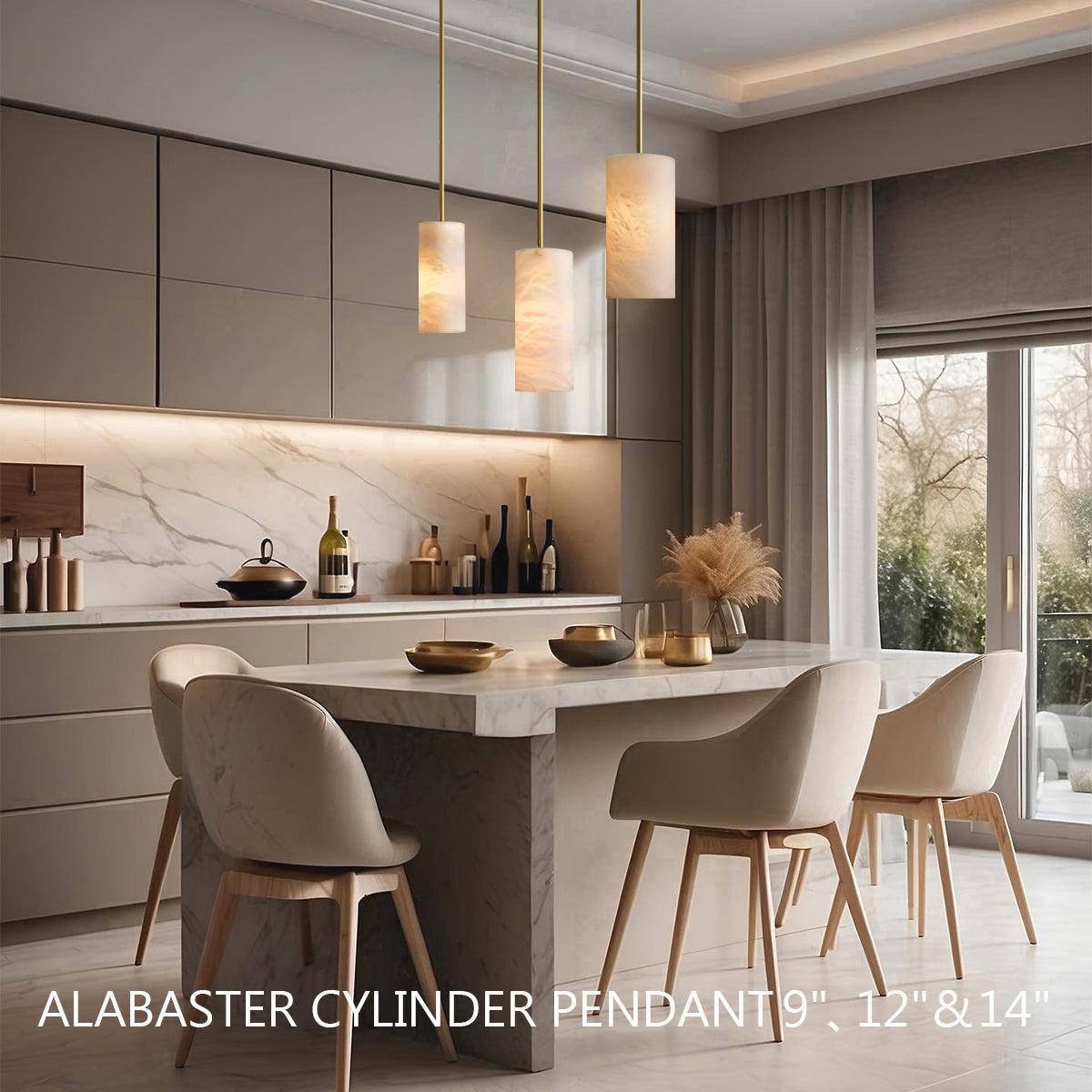 Hand Carved Alabaster Cylinder Pendent - Lacquered Burnished Brass14''Blushlighting