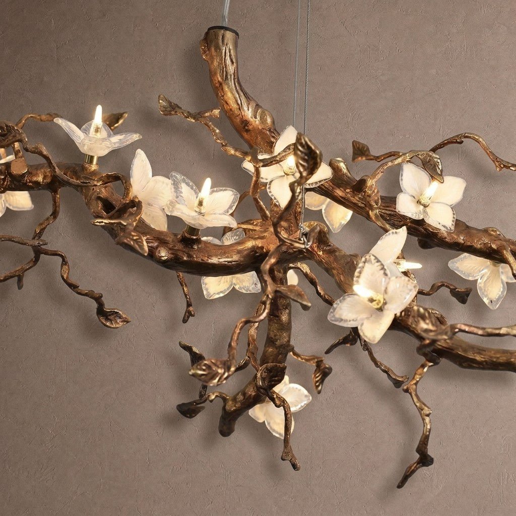 Handcrafted Sculptural Floral Branch Chandelier - ∅ 57.1″ x H 19.7″ x W 17.7″Gold + White + TransparentBlushlighting