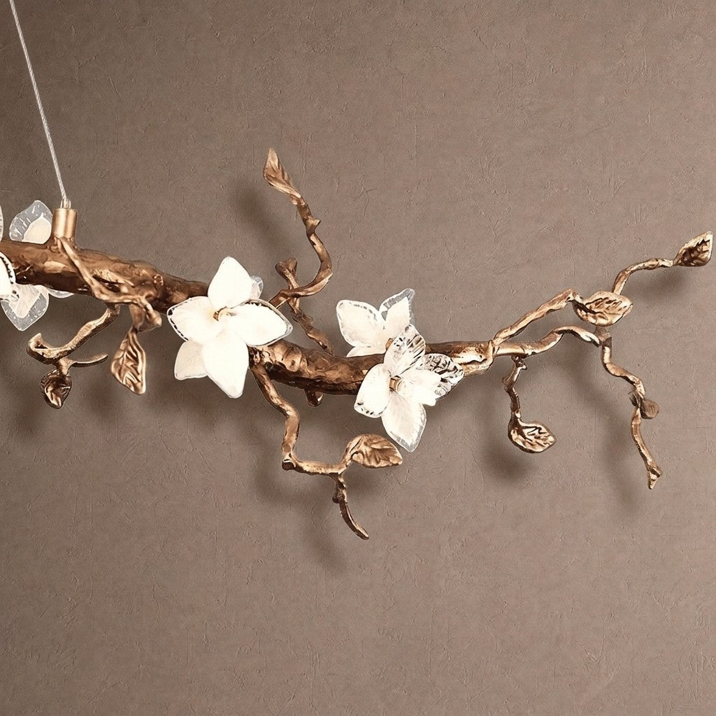 Handcrafted Sculptural Floral Branch Chandelier - ∅ 57.1″ x H 19.7″ x W 17.7″Gold + White + TransparentBlushlighting