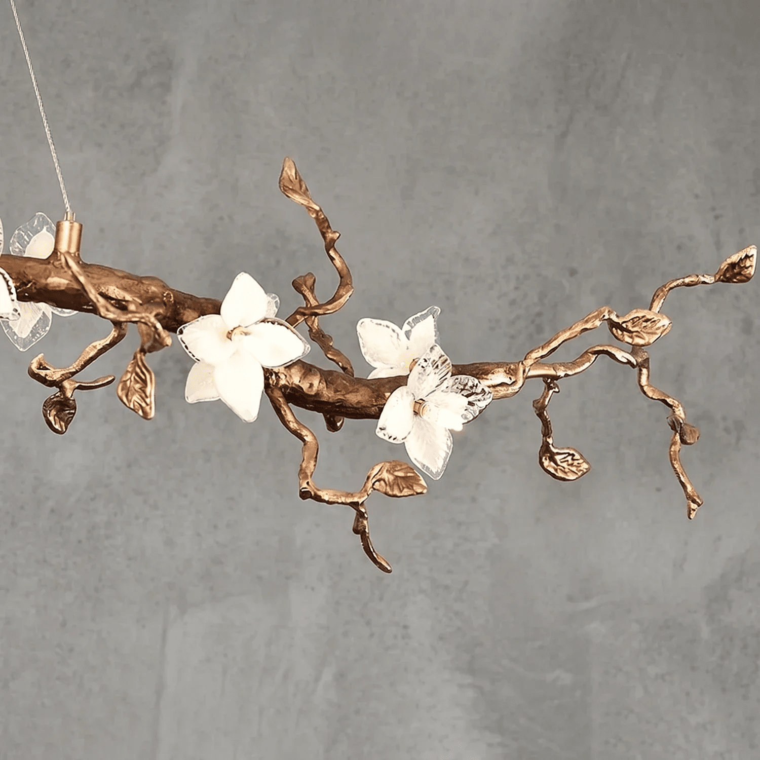 Handcrafted Sculptural Floral Branch Chandelier - ∅ 57.1″ x H 19.7″ x W 17.7″Gold + White + TransparentBlushlighting