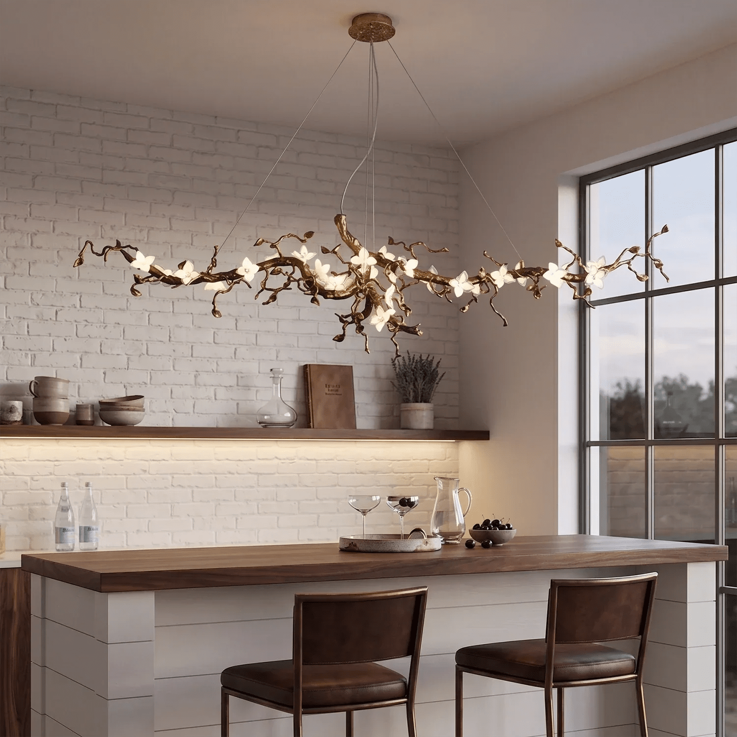 Handcrafted Sculptural Floral Branch Chandelier - ∅ 65″ x H 23.6″ x W 21.7″Gold + White + TransparentBlushlighting