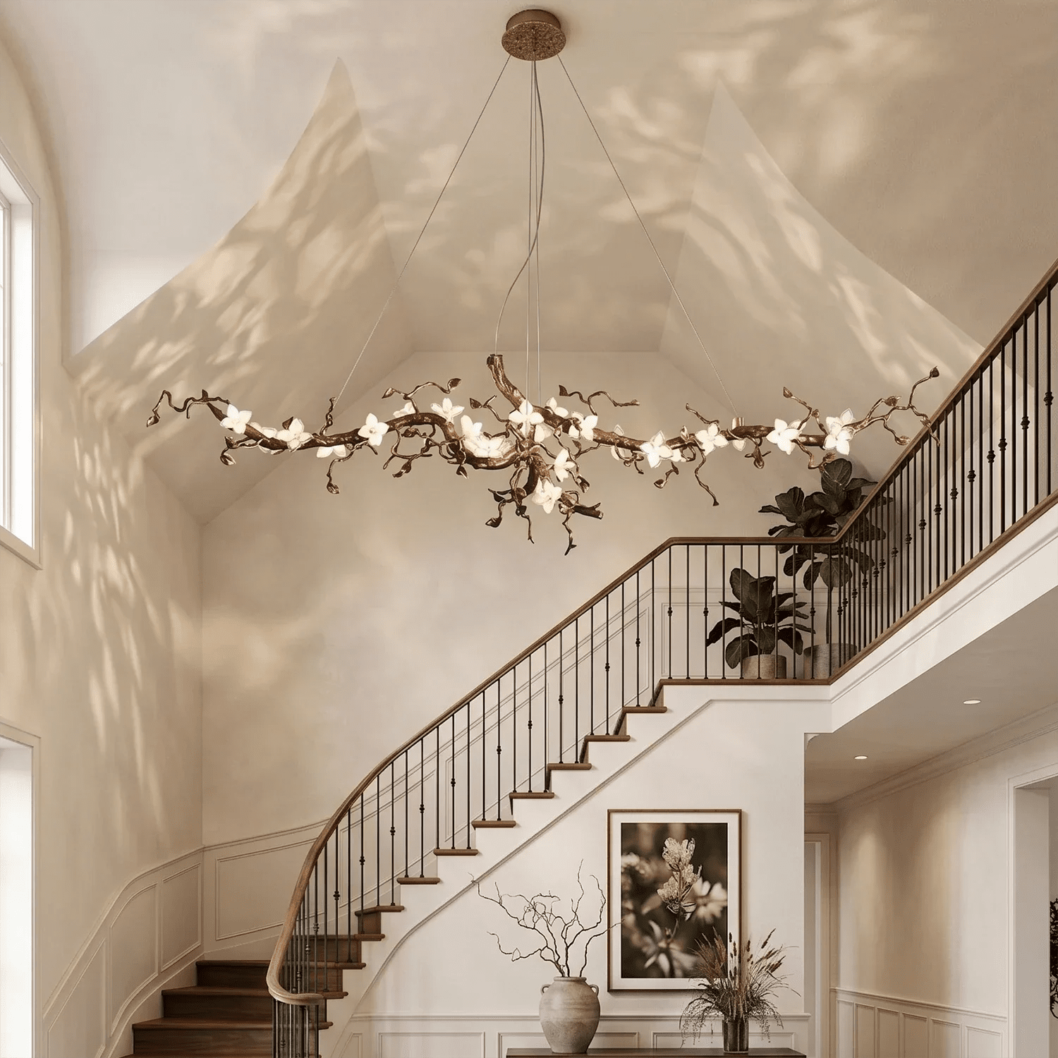 Handcrafted Sculptural Floral Branch Chandelier - ∅ 49.2″ x H 17.7″ x W 15.7″Gold + White + TransparentBlushlighting