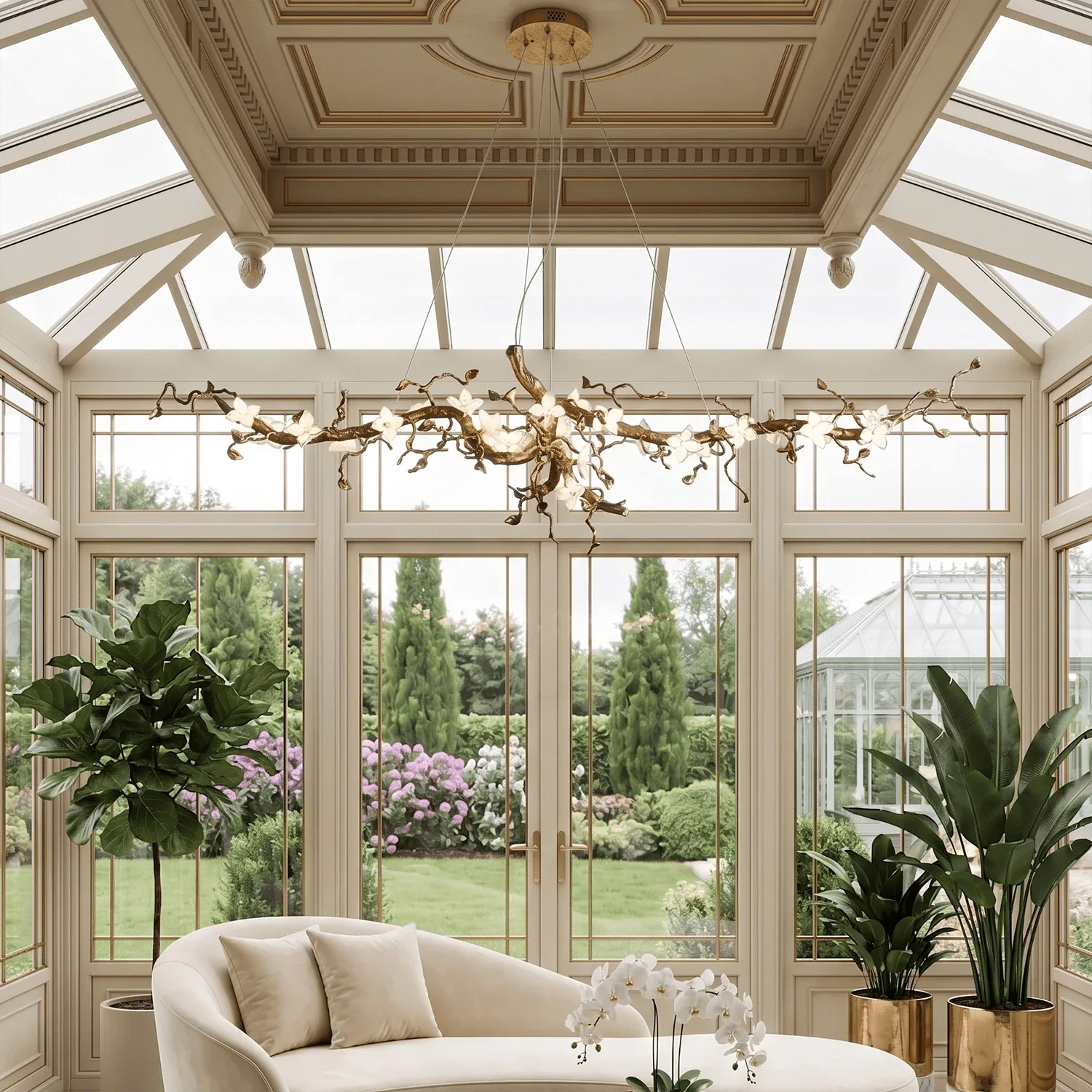 Handcrafted Sculptural Floral Branch Chandelier - ∅ 72.8″ x H 27.6″ x W 27.6″Gold + White + TransparentBlushlighting