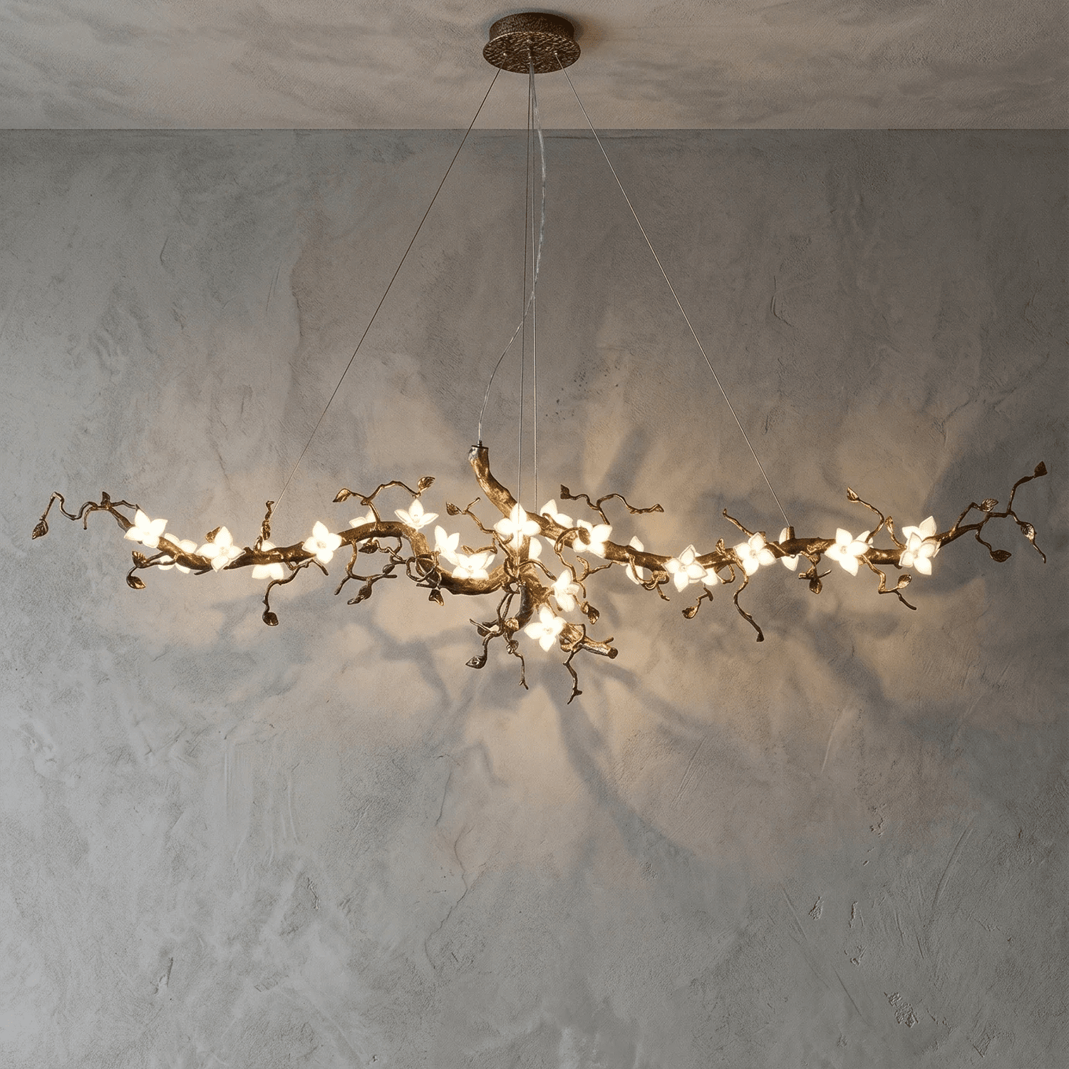 Handcrafted Sculptural Floral Branch Chandelier - ∅ 57.1″ x H 19.7″ x W 17.7″Gold + White + TransparentBlushlighting