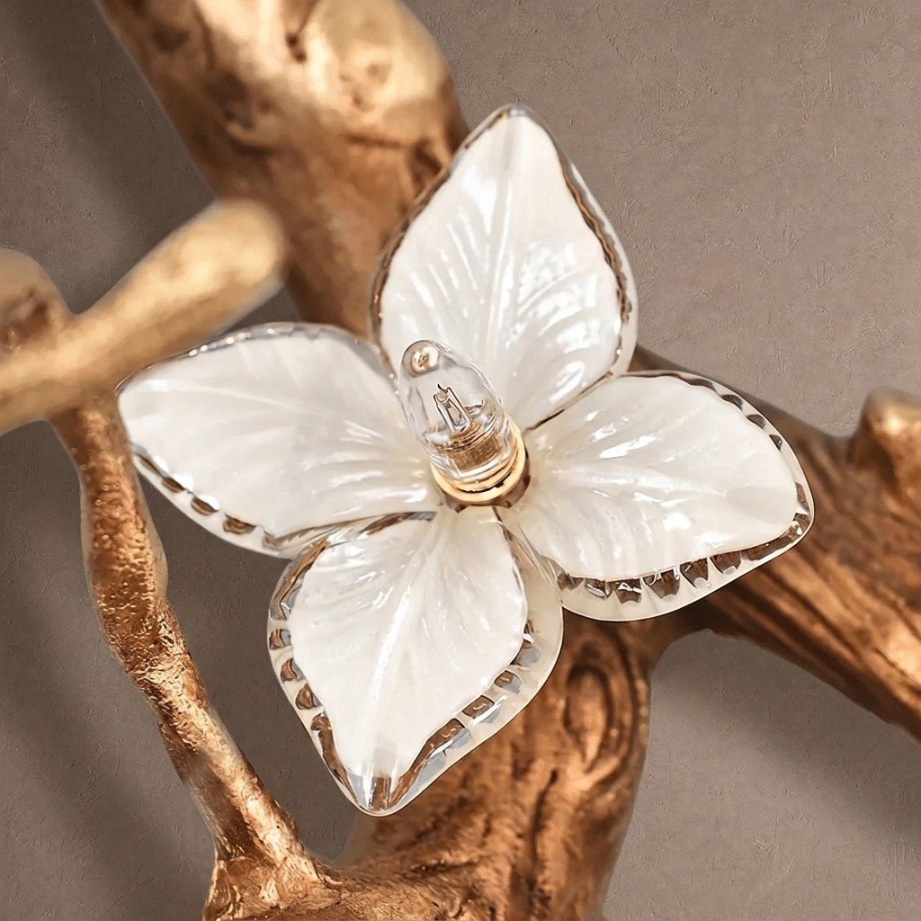 Handcrafted Sculptural Floral Branch Chandelier - ∅ 57.1″ x H 19.7″ x W 17.7″Gold + White + TransparentBlushlighting