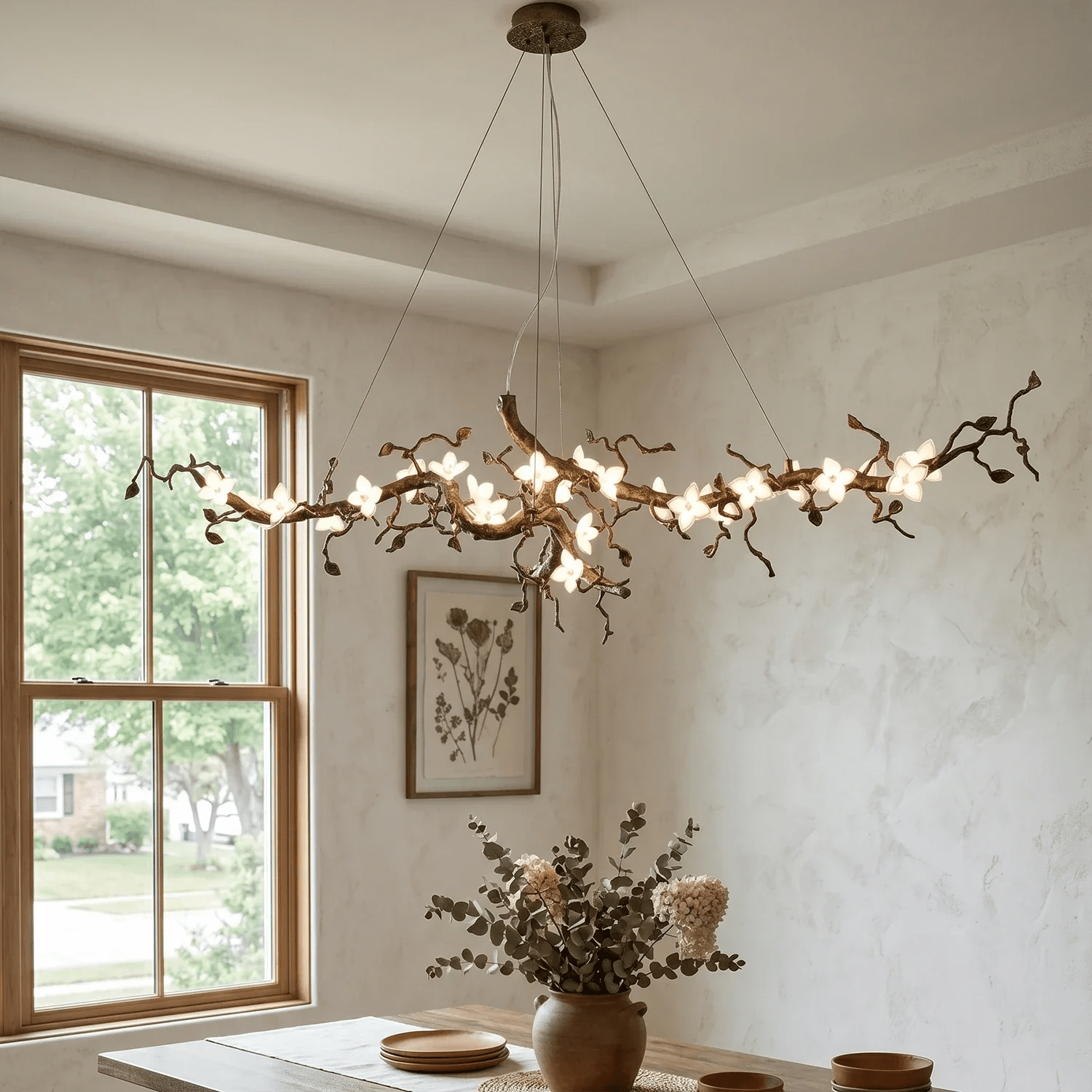 Handcrafted Sculptural Floral Branch Chandelier - ∅ 49.2″ x H 17.7″ x W 15.7″Gold + White + TransparentBlushlighting