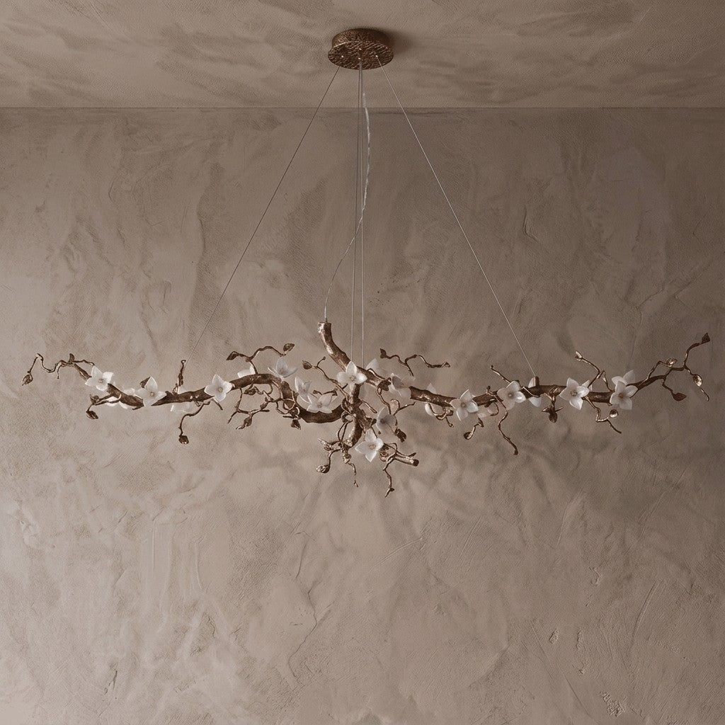 Handcrafted Sculptural Floral Branch Chandelier - ∅ 57.1″ x H 19.7″ x W 17.7″Gold + White + TransparentBlushlighting