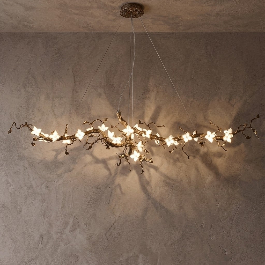 Handcrafted Sculptural Floral Branch Chandelier - ∅ 49.2″ x H 17.7″ x W 15.7″Gold + White + TransparentBlushlighting