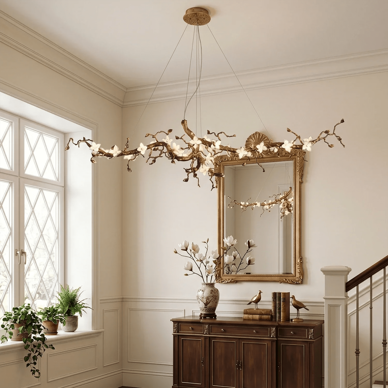 Handcrafted Sculptural Floral Branch Chandelier - ∅ 49.2″ x H 17.7″ x W 15.7″Gold + White + TransparentBlushlighting