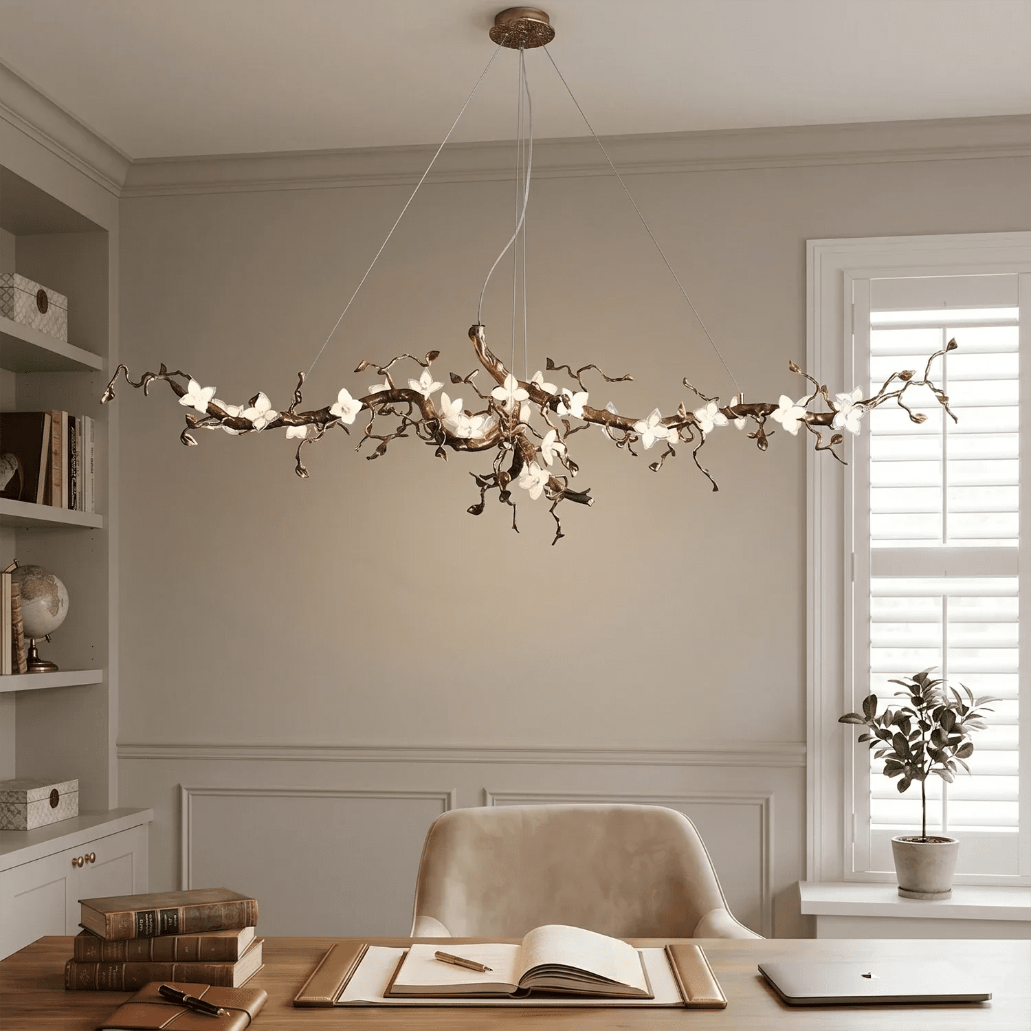 Handcrafted Sculptural Floral Branch Chandelier - ∅ 49.2″ x H 17.7″ x W 15.7″Gold + White + TransparentBlushlighting