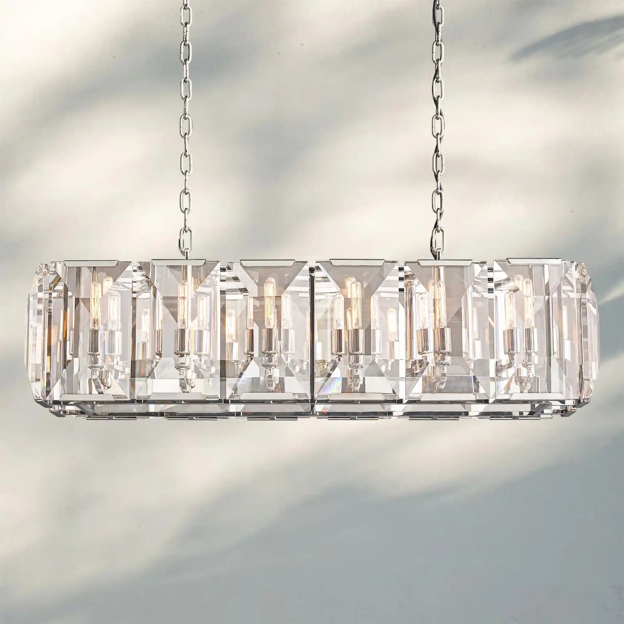 Herlow Crystal Rectangle Chandelier Elegant Ceiling Light Fixture for Dining Room-41‘’-Polished Stainless Steel-Blushlighting