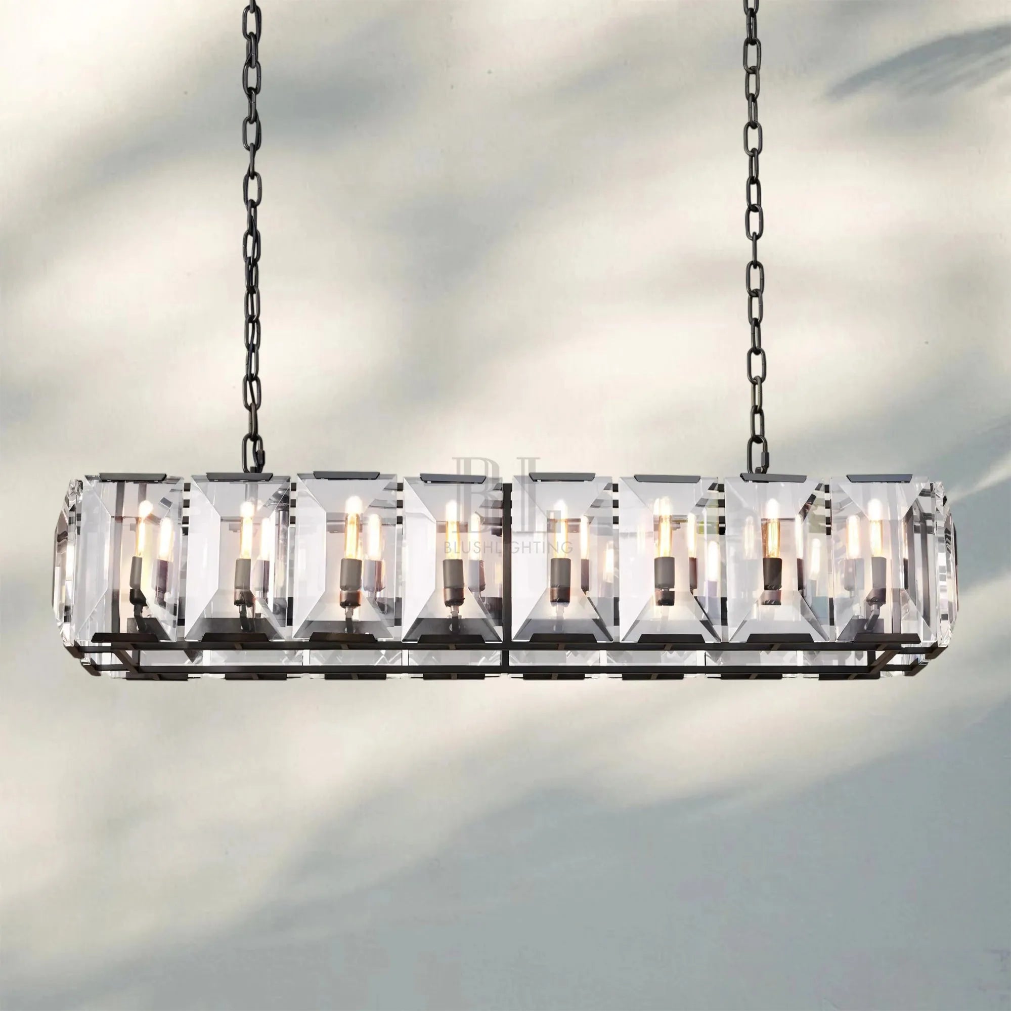 Herlow Crystal Rectangle Chandelier Elegant Ceiling Light Fixture for Dining Room-54‘’-Matte Black-Blushlighting