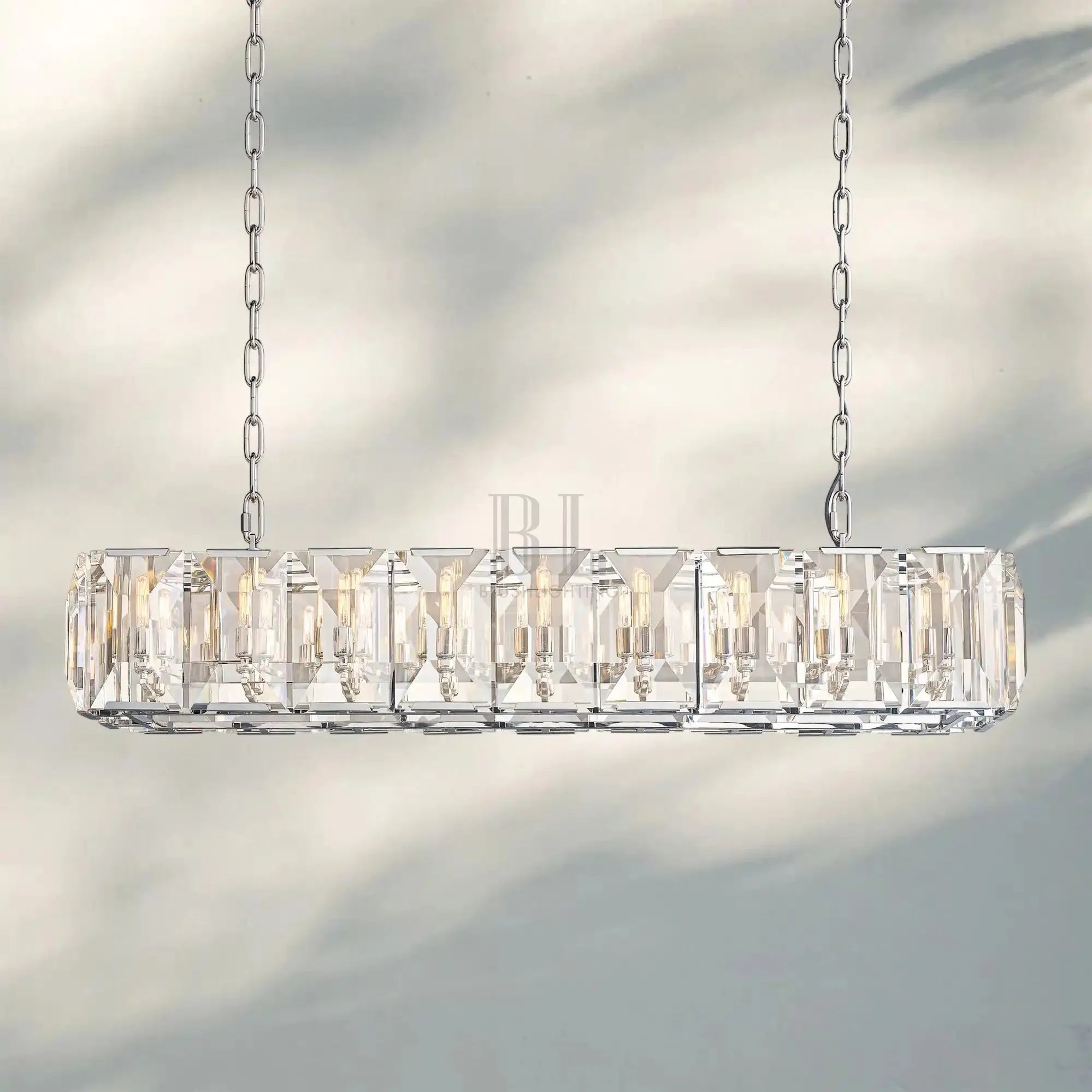 Herlow Crystal Rectangle Chandelier Elegant Ceiling Light Fixture for Dining Room-62‘’-Polished Stainless Steel-Blushlighting