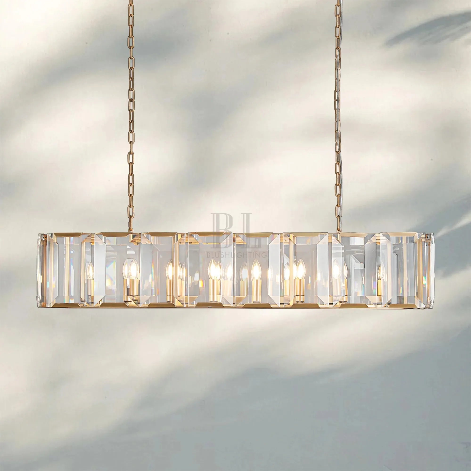 Herlow Crystal Rectangle Chandelier Elegant Ceiling Light Fixture for Dining Room-54‘’-Lacquered Burnished Brass-