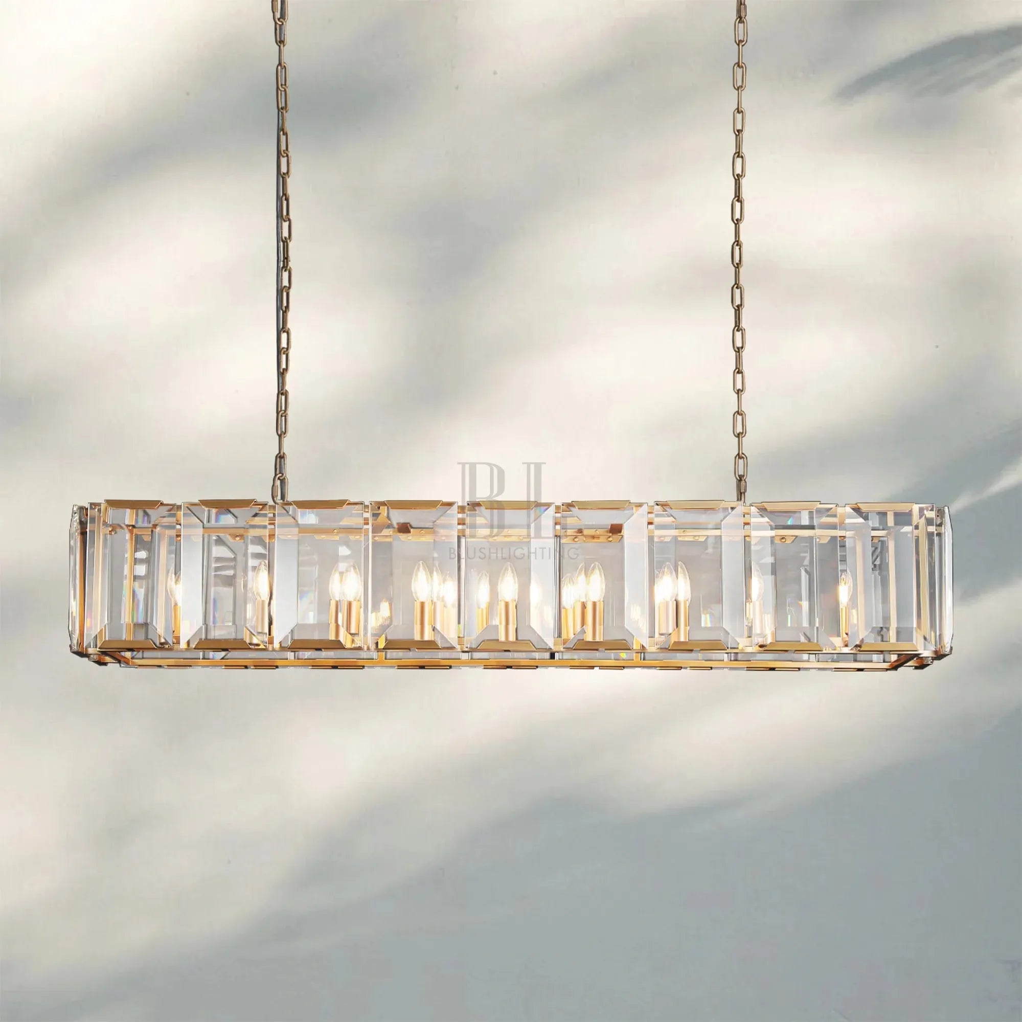 Herlow Crystal Rectangle Chandelier Elegant Ceiling Light Fixture for Dining Room-62‘’-Lacquered Burnished Brass-