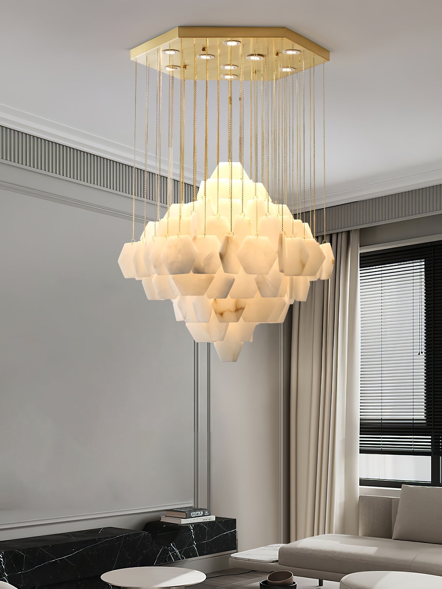 Hexa Alabaster Cascade Chandelier - ∅ 23.6″ x H 21.6″Gold & WhiteBlushlighting