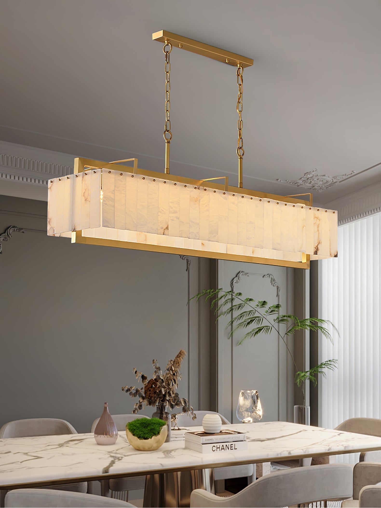 Hexa Alabaster Chandelier - L 49.2″ x W 8.3″ x H 23.6″Gold & WhiteBlushlighting