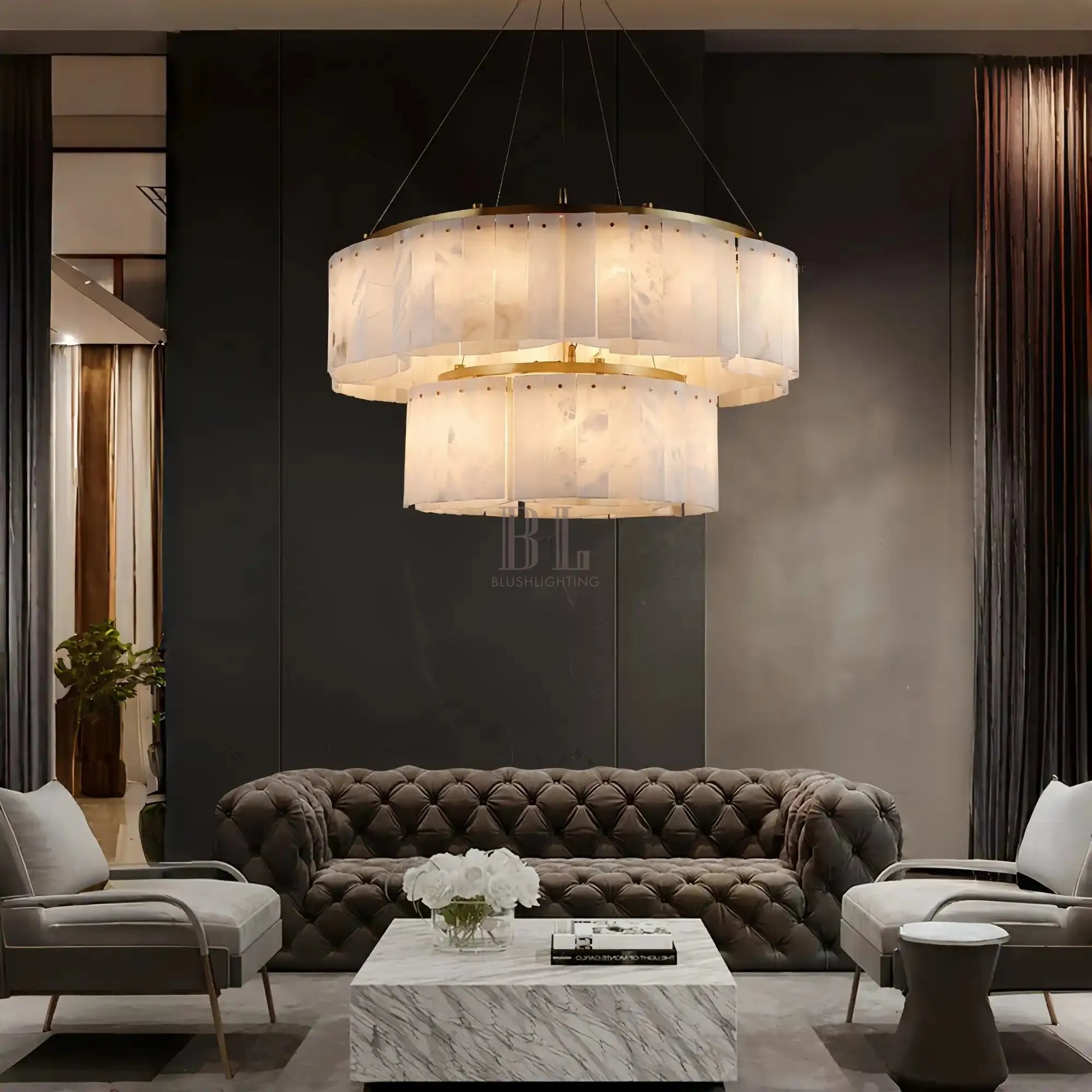Hexa Alabaster Chandelier - ∅ 21.7″ + ∅ 33.5″ x H 5.9″Gold & WhiteBlushlighting