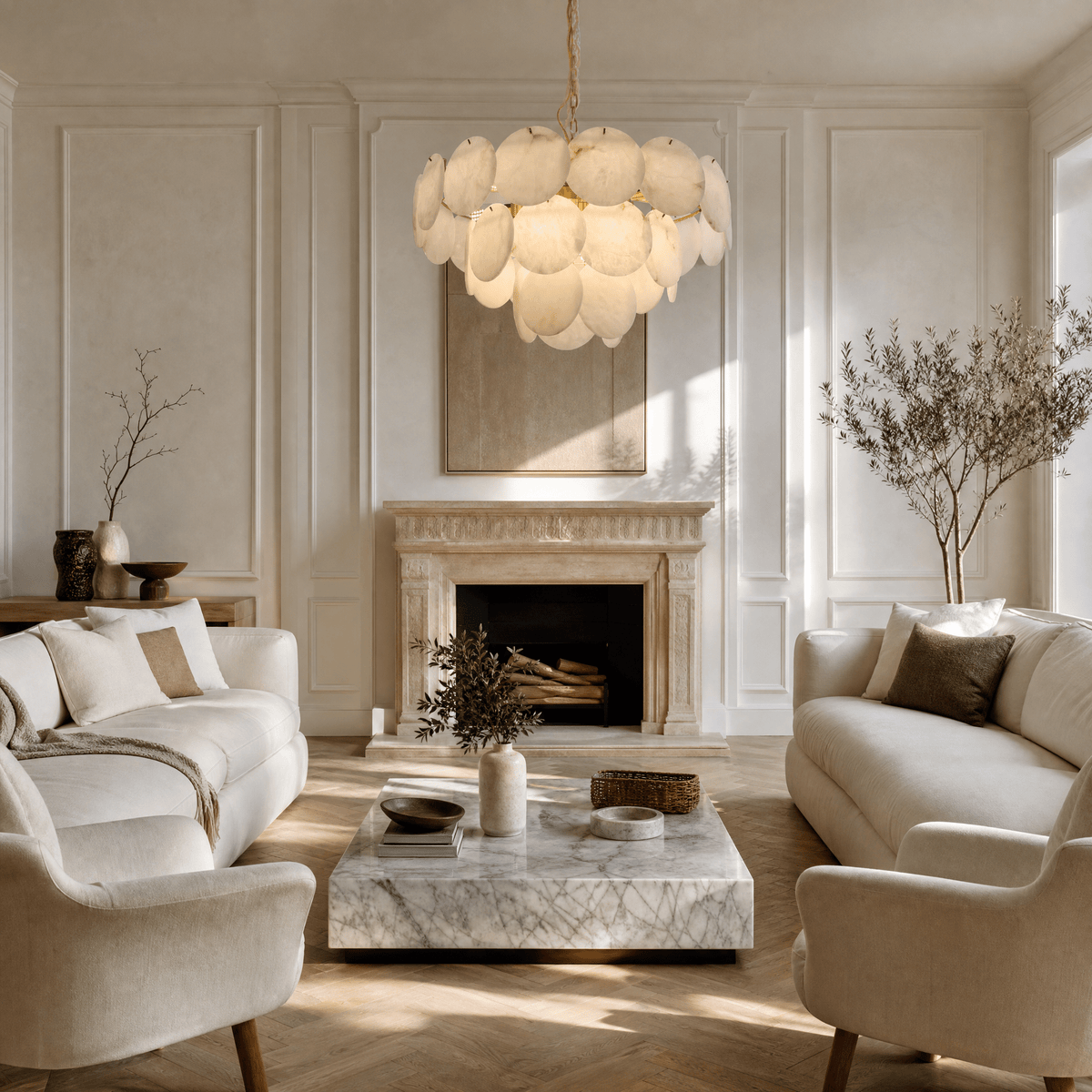 Hollis Modern Alabaster Round Chandelier - D500×H320Blushlighting