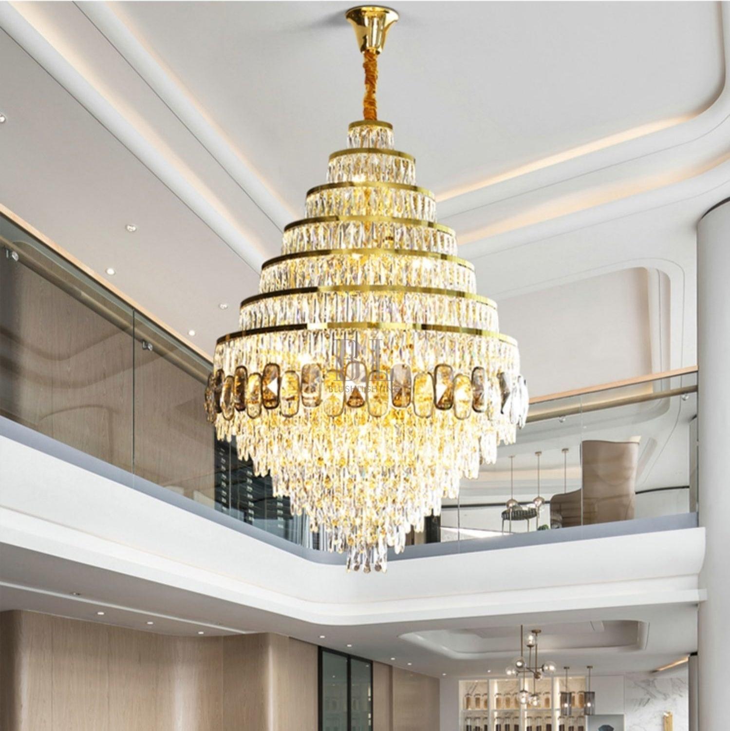 Honeycomb Shaped Ceiling Chandelier Extra Large Crystal Light Fixture For Foyer Staircase/ Entryway In Gold Finish - D23.6"*H39.4"/ 25 LightsBlushlighting