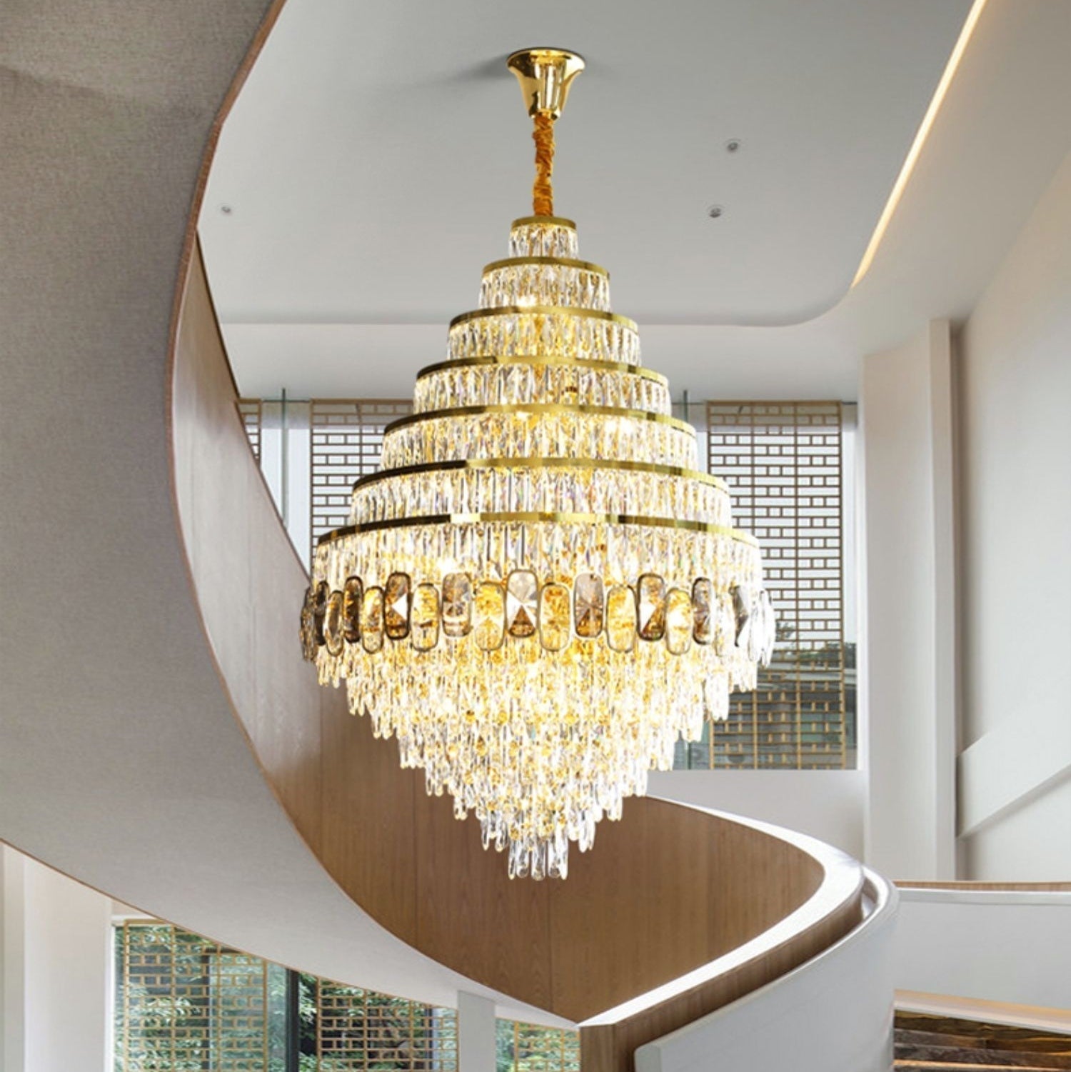 Honeycomb Shaped Ceiling Chandelier Extra Large Crystal Light Fixture For Foyer Staircase/ Entryway In Gold Finish - D31.5"*H47.2"/ 35 LightsBlushlighting