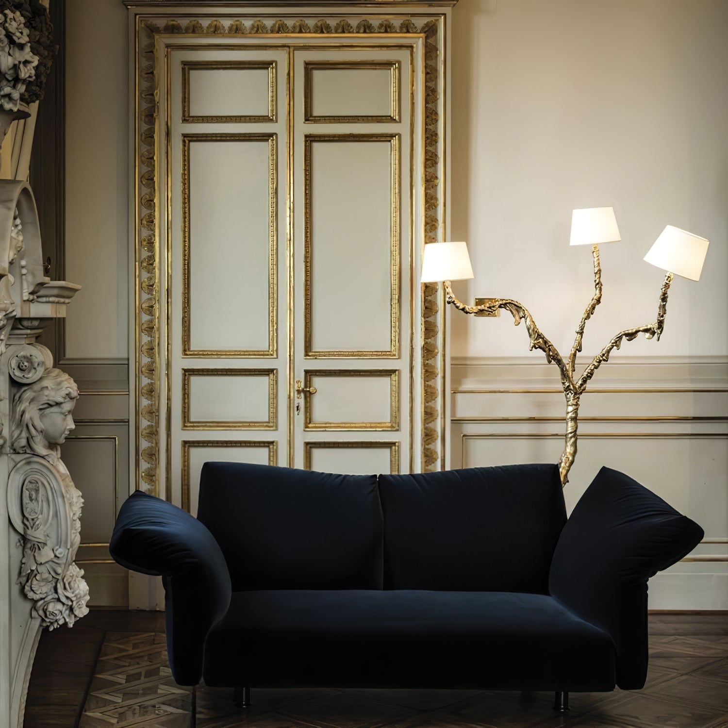Detail of hand-finished brass floor lamp structure and fabric shade