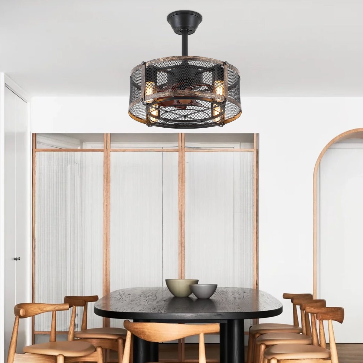 Iron Cage Country Wood Grain Black Ceiling Fan Light 18" - Blushlighting