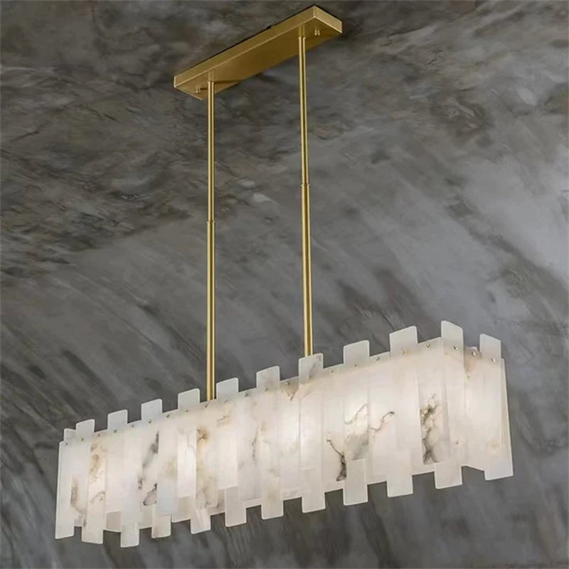 Jean Modern Marble Alabaster Linear Chandelier Over Dining Table chandelier Kevin Studio Inc