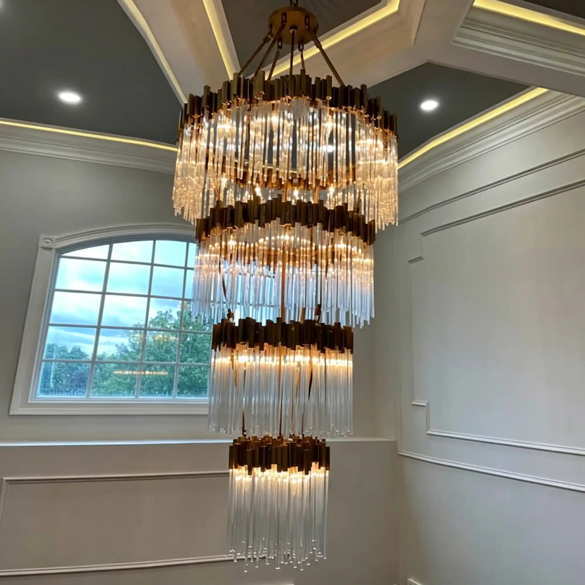 Large Elegant Multi-layers Glam Glass Chandelier for High-ceiling Staircase/Entryway/Living/meeting Room - 4 Layers/D40"*H95"GoldWarm LightBlushlighting