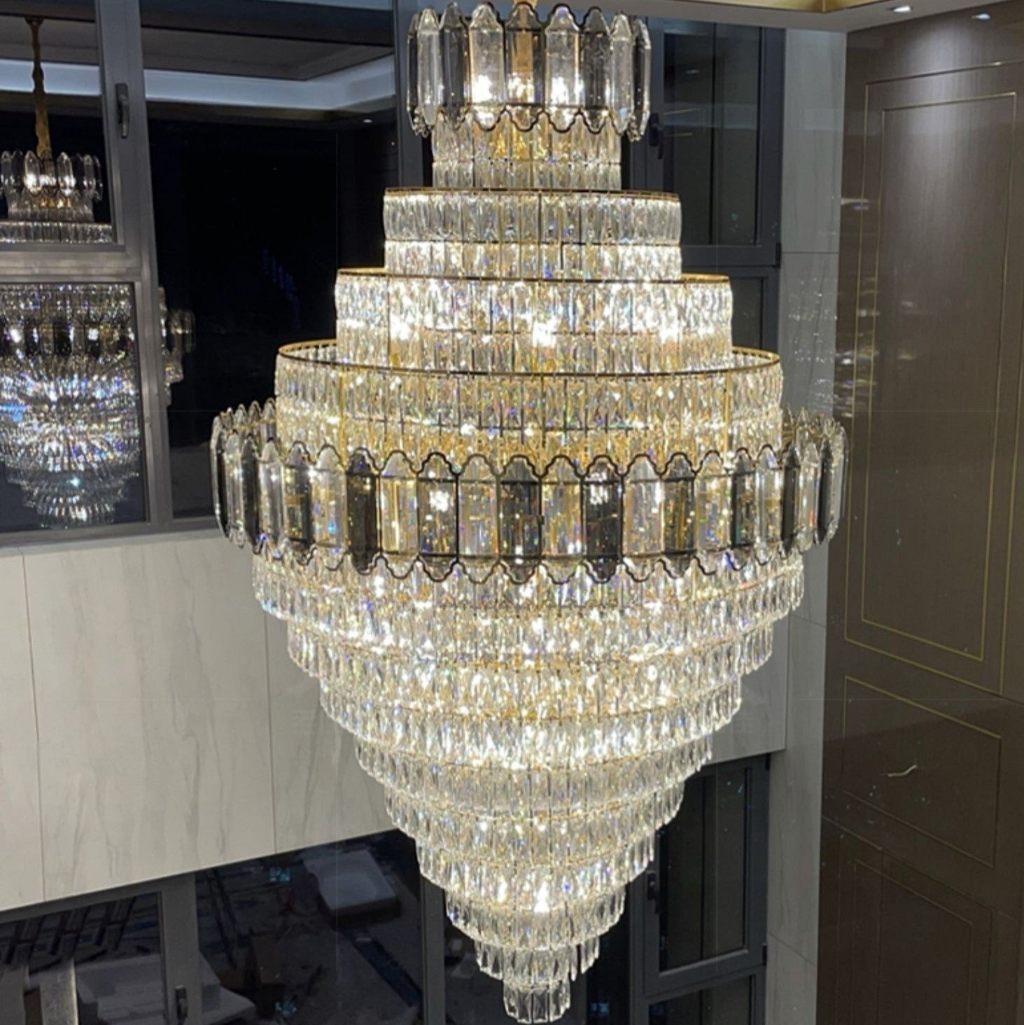 Large Staircase Crystal Chandelier Living Room Ceiling Light Fixture For Hotel Entrance In Gold Finish-Chandeliers-Blushlighting-Blushlighting
