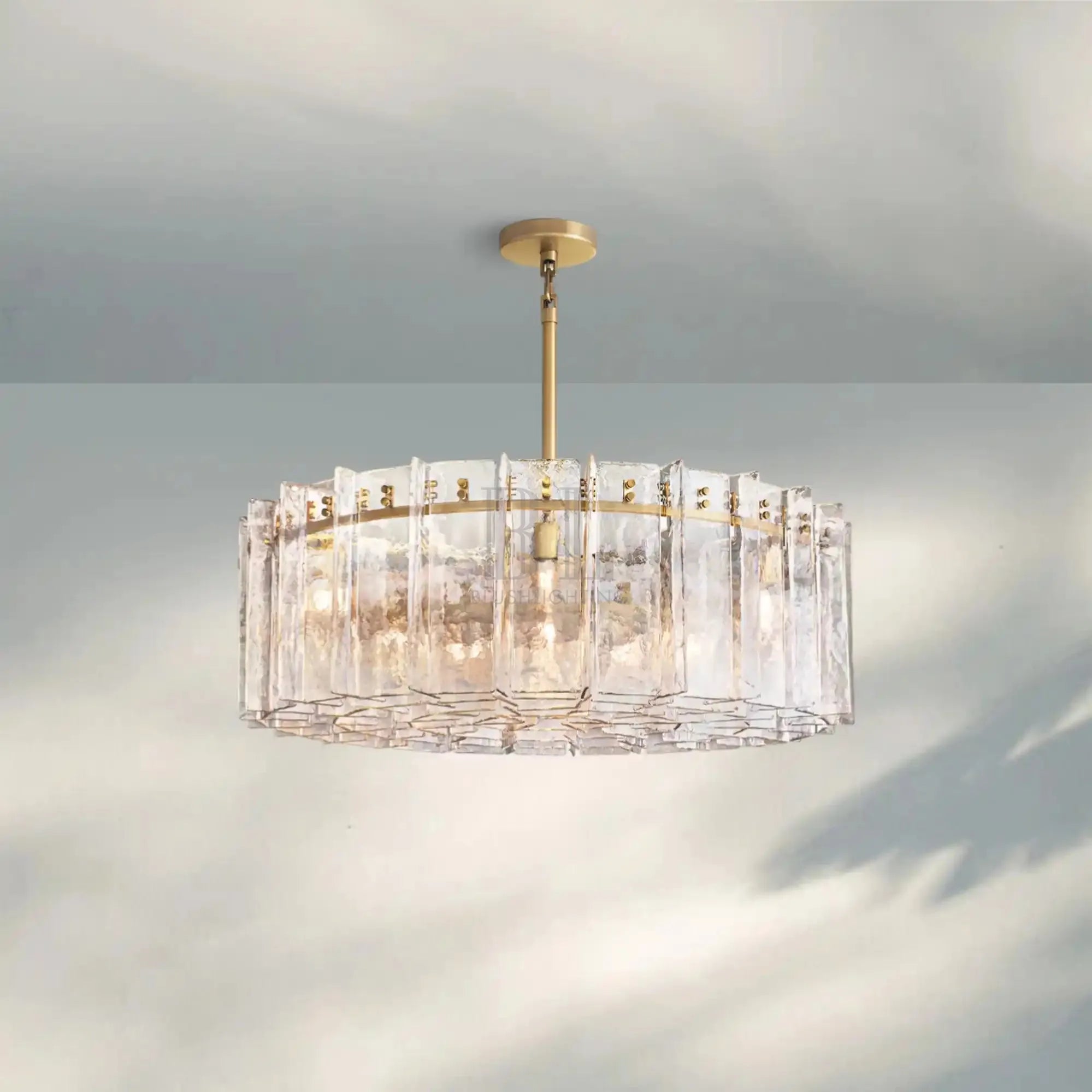 Lattic Smoke Glass Round Chandelier 36'' 48''-48''-Clear-Lacquered Burnished Brass