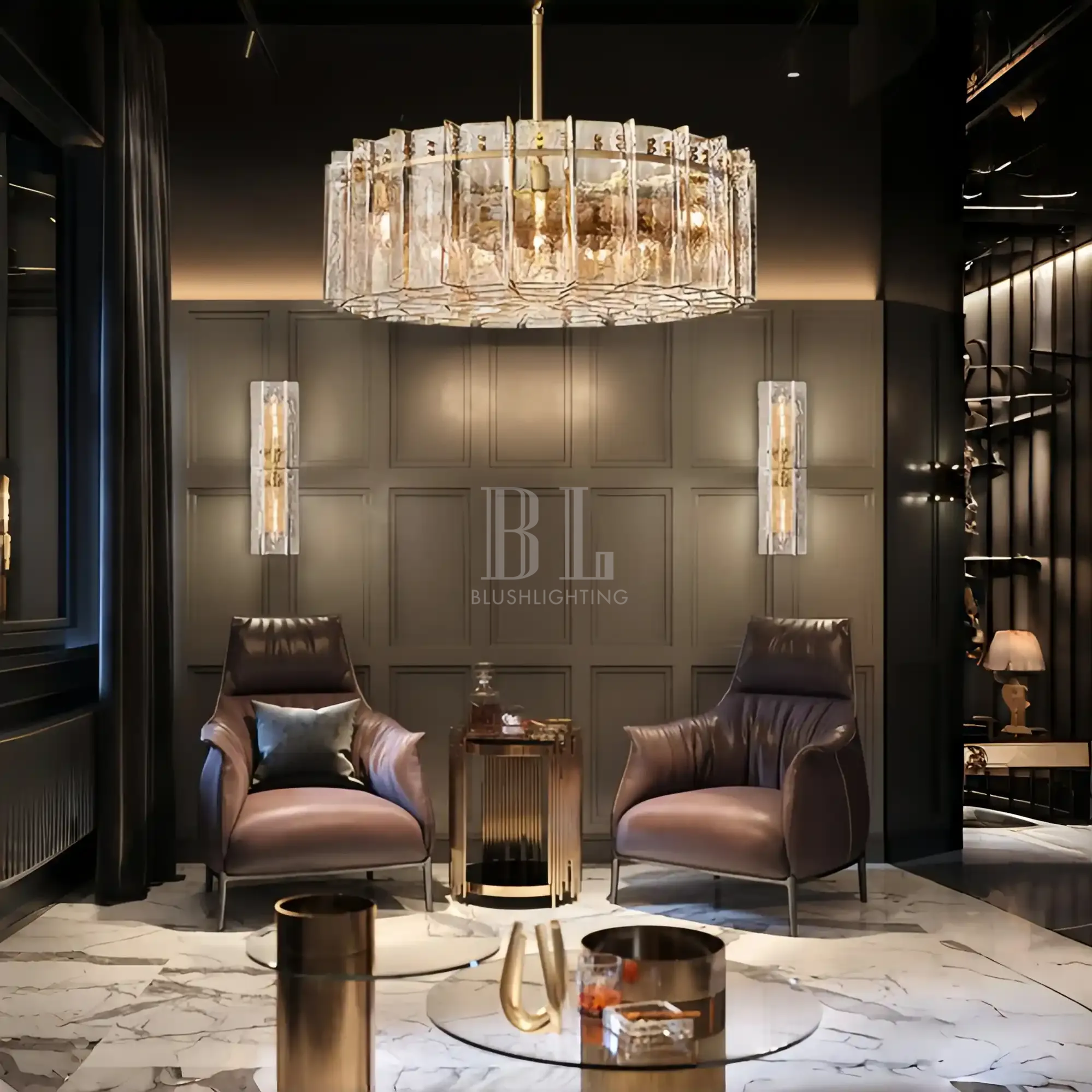 Lattic Smoke Glass Round Chandelier 36'' 48''-48''-Smoke-Lacquered Burnished Brass-Blushlighting