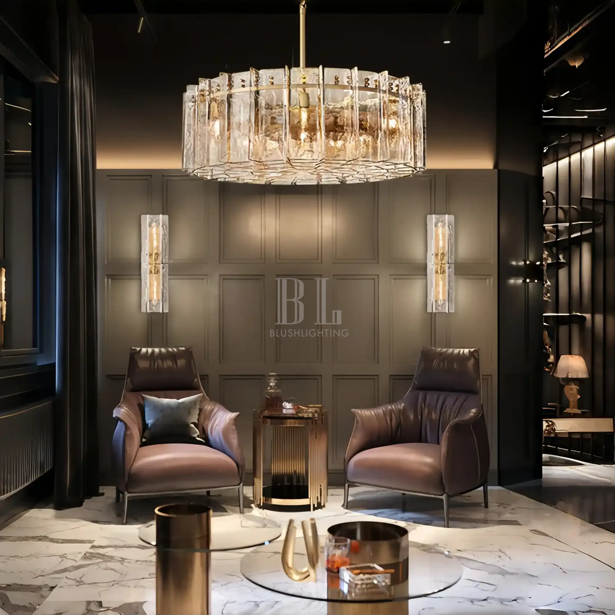 Lattic Smoke Glass Round Chandelier 36'' 48''-48''-Smoke-Lacquered Burnished Brass-Blushlighting