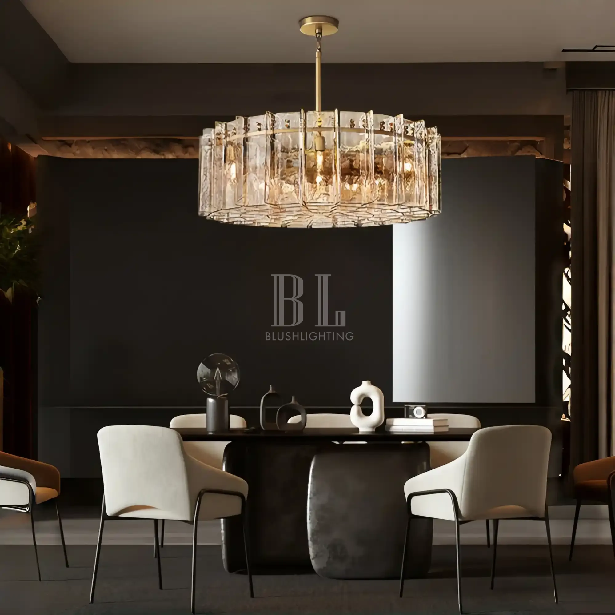 Lattic Smoke Glass Round Chandelier 36'' 48''-36''-Smoke-Lacquered Burnished Brass-Blushlighting