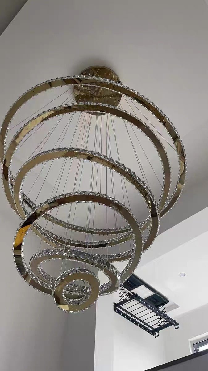 Light Luxury 5/6/7 Rings Crystal Chandelier for Staircase/Foyer/Villa - 2 Rings:Dia(11.8"+19.7")GoldBlushlighting