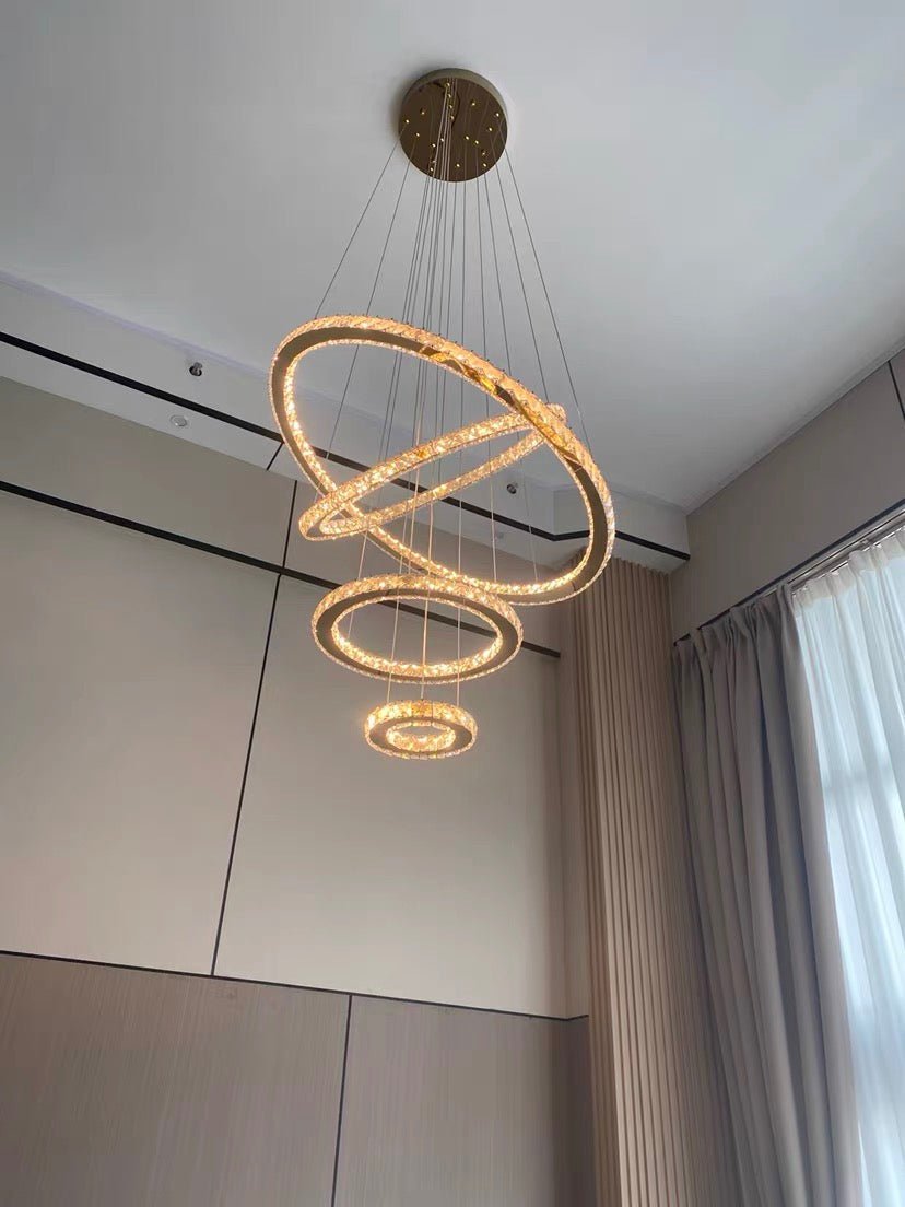 Light Luxury 5/6/7 Rings Crystal Chandelier for Staircase/Foyer/Villa - 2 Rings:Dia(11.8"+19.7")GoldBlushlighting