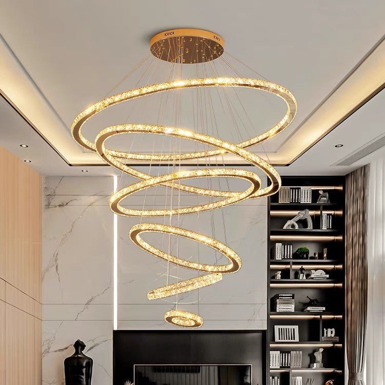 Light Luxury 5/6/7 Rings Crystal Chandelier for Staircase/Foyer/Villa - 2 Rings:Dia(11.8"+19.7")GoldBlushlighting