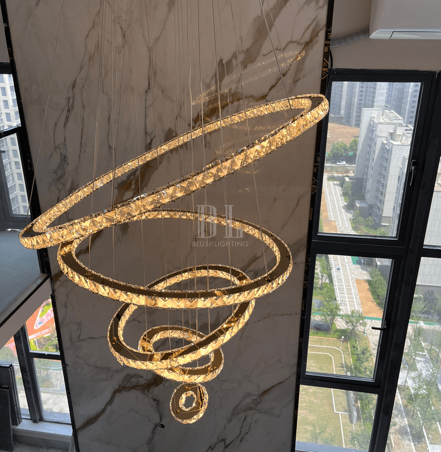 Light Luxury 5/6/7 Rings Crystal Chandelier for Staircase/Foyer/Villa - 2 Rings:Dia(11.8"+19.7")GoldBlushlighting