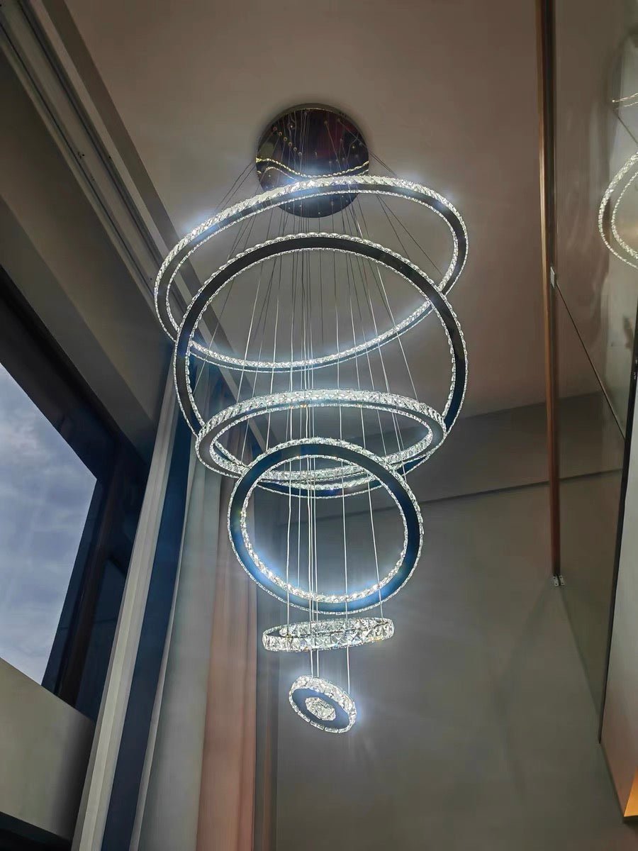Light Luxury 5/6/7 Rings Crystal Chandelier for Staircase/Foyer/Villa - 2 Rings:Dia(11.8"+19.7")GoldBlushlighting