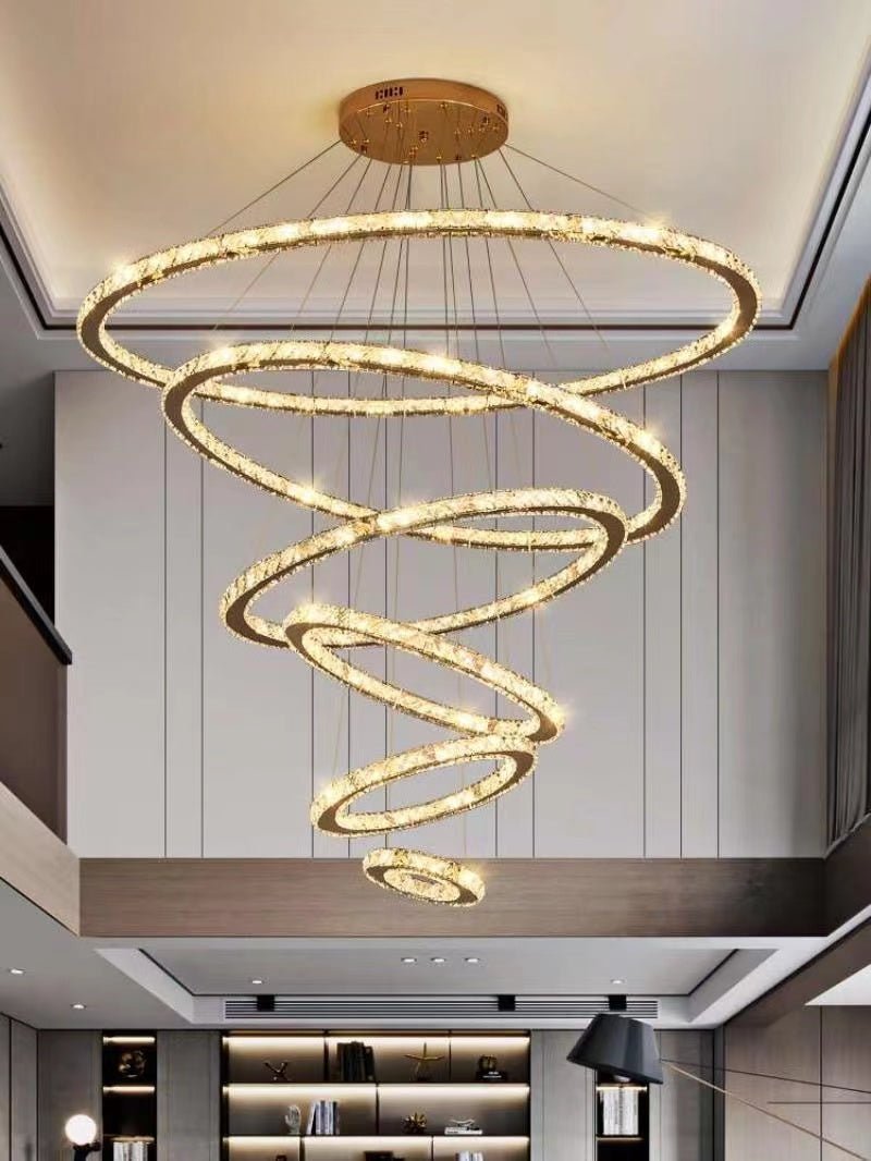 Light Luxury 5/6/7 Rings Crystal Chandelier for Staircase/Foyer/Villa - 2 Rings:Dia(11.8"+19.7")GoldBlushlighting