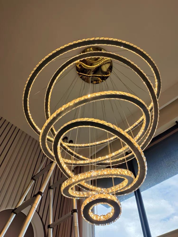 Light Luxury 5/6/7 Rings Crystal Chandelier for Staircase/Foyer/Villa - 2 Rings:Dia(11.8"+19.7")GoldBlushlighting