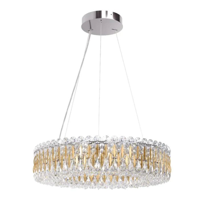 Light Luxury Crystal Beads Drum Collection Flush Mounted/Rectangle/Round Chandelier - Round/12 Lights/D23.6"*H6"Chrome Finish+Gold LeavesBlushlighting